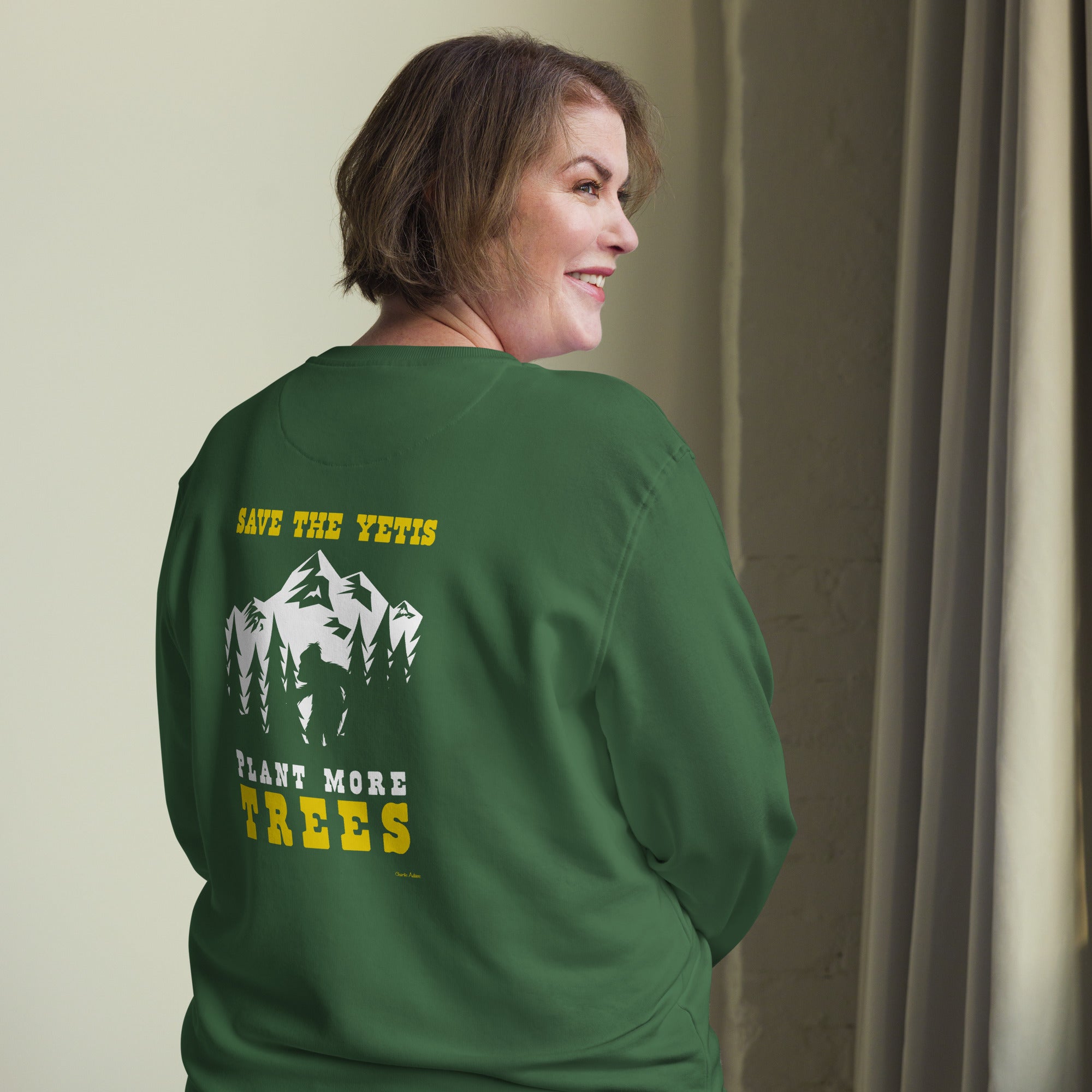 Unisex organic sweatshirt Save the Yetis, Plant more Trees (front & back)