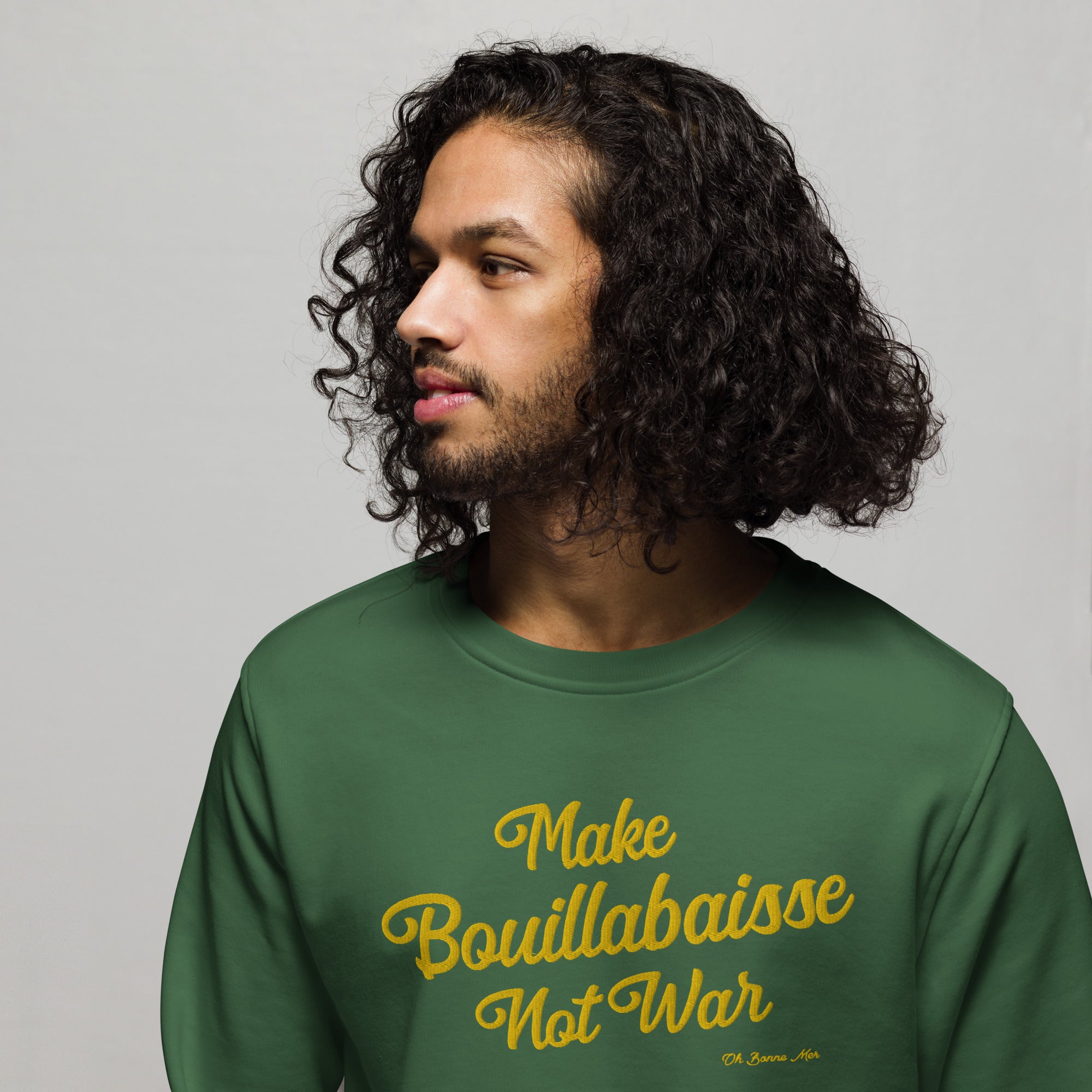 Sweat écologique unisexe Make Bouillabaisse Not War grand motif doré brodé