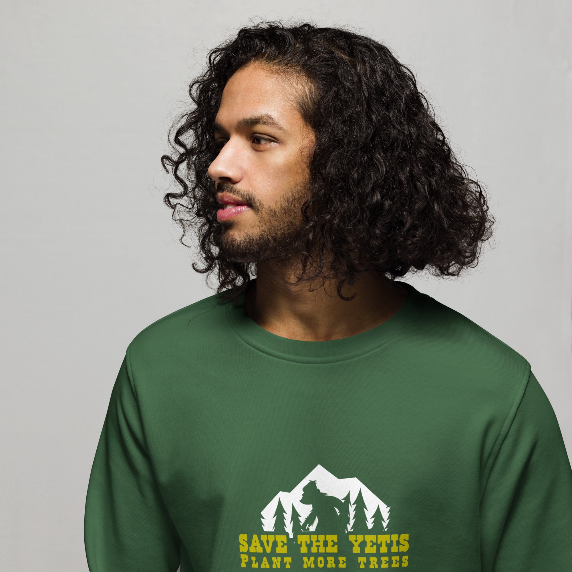 Unisex organic sweatshirt Save the Yetis, Plant more Trees (front & back)