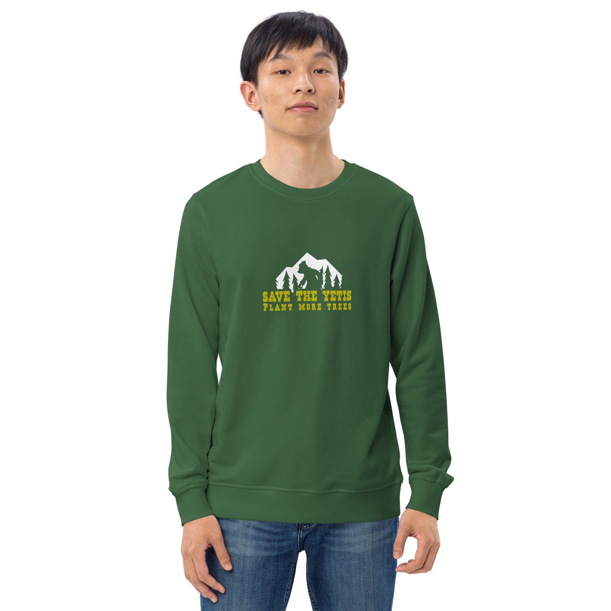 Unisex organic sweatshirt Save the Yetis, Plant more Trees (front & back)