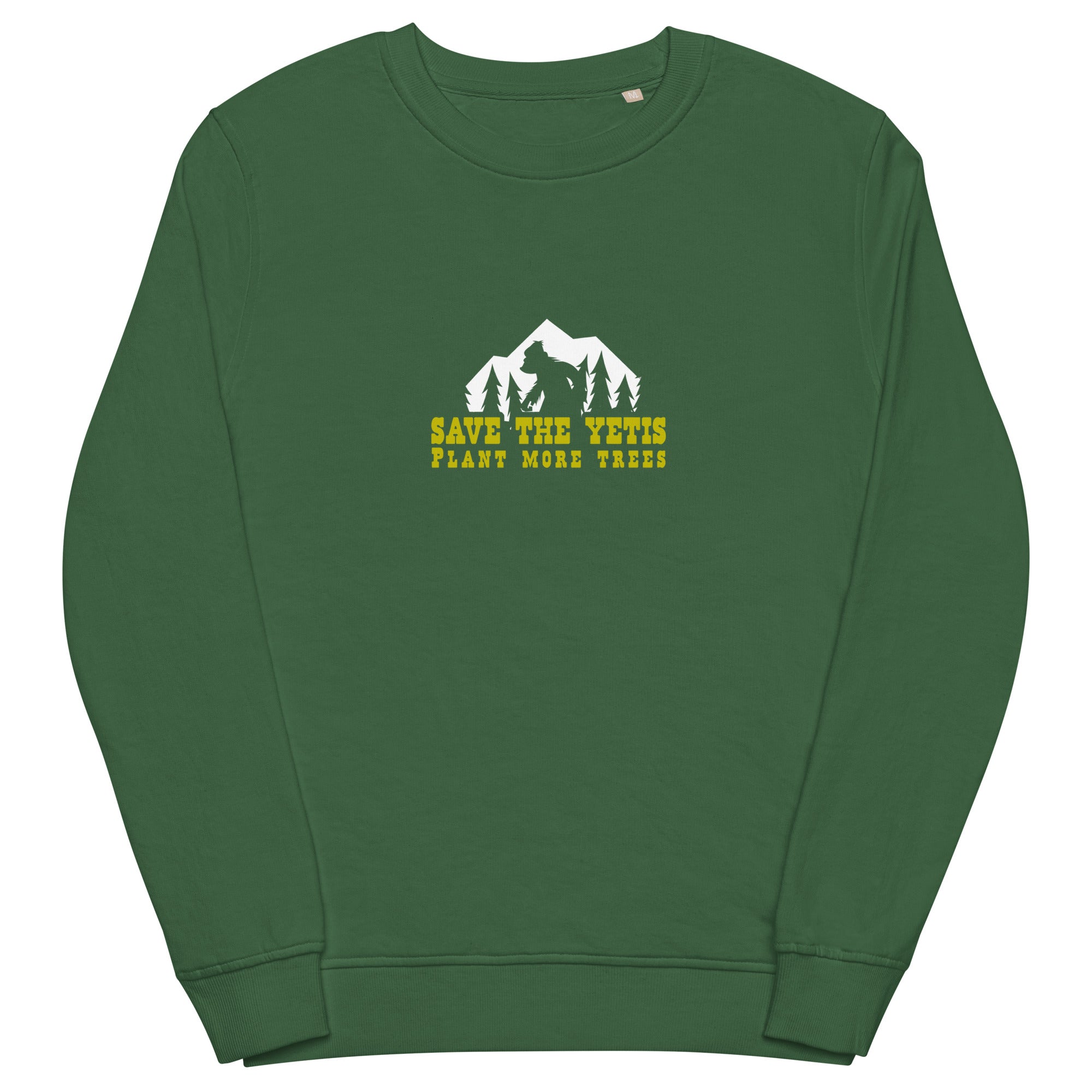 Unisex organic sweatshirt Save the Yetis, Plant more Trees (front & back)