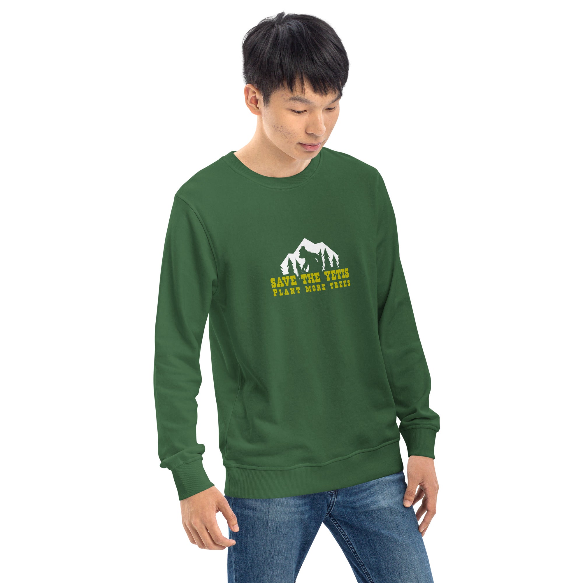 Unisex organic sweatshirt Save the Yetis, Plant more Trees (front & back)