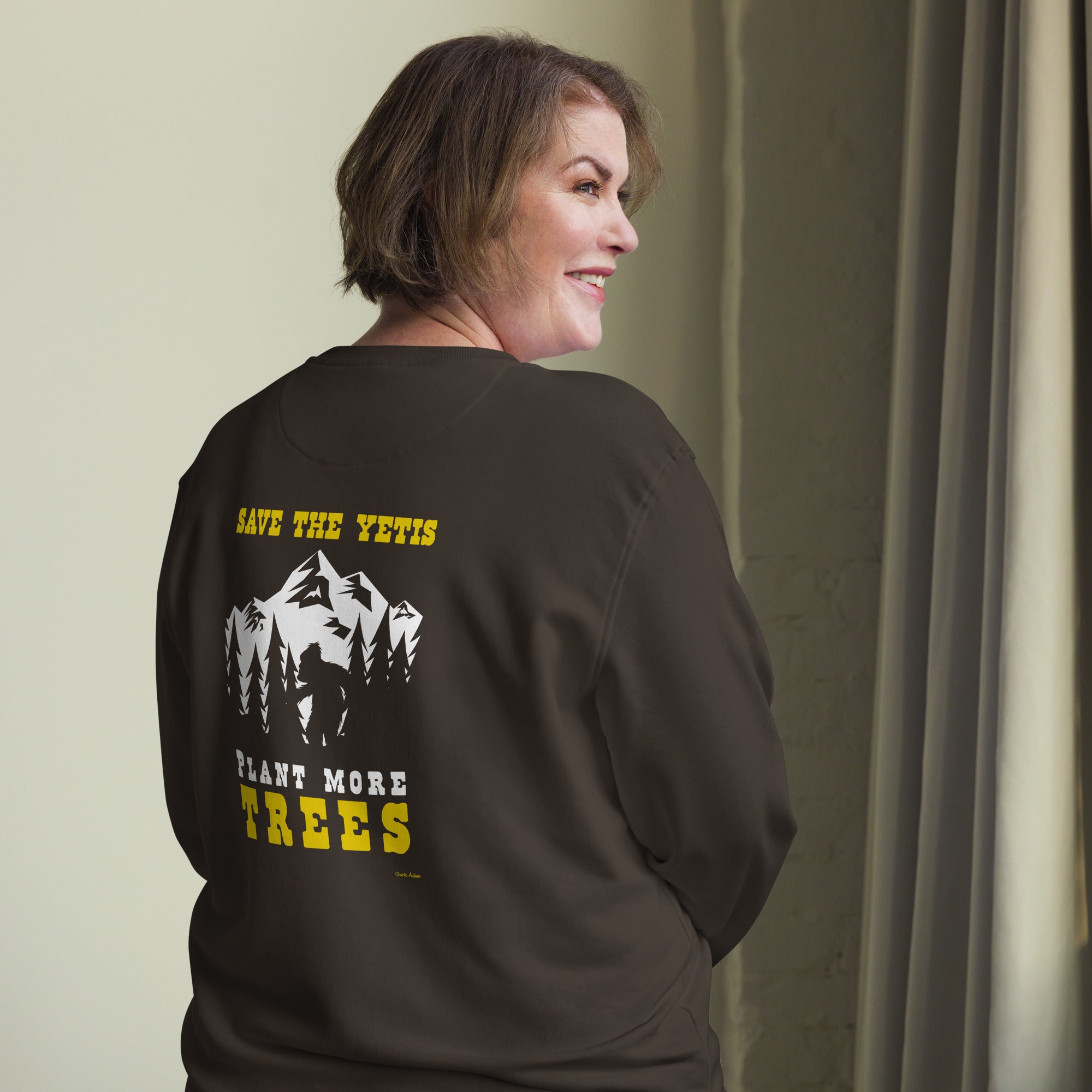 Unisex organic sweatshirt Save the Yetis, Plant more Trees (front & back)