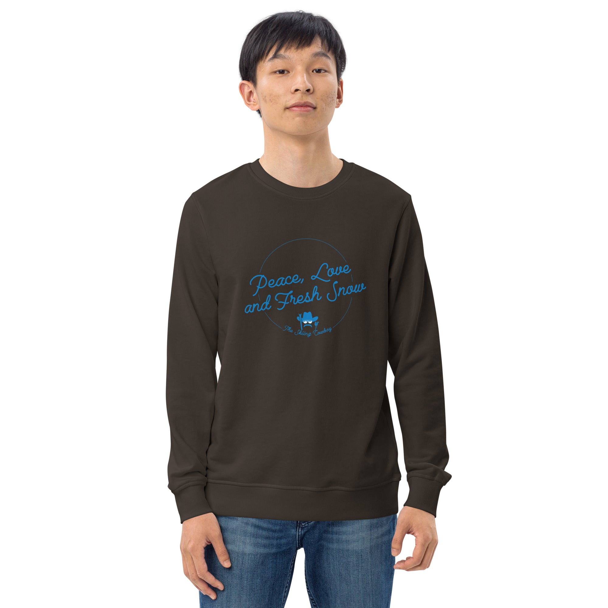 Unisex organic sweatshirt Peace, Love and Fresh Snow - The Skiing Cowboy