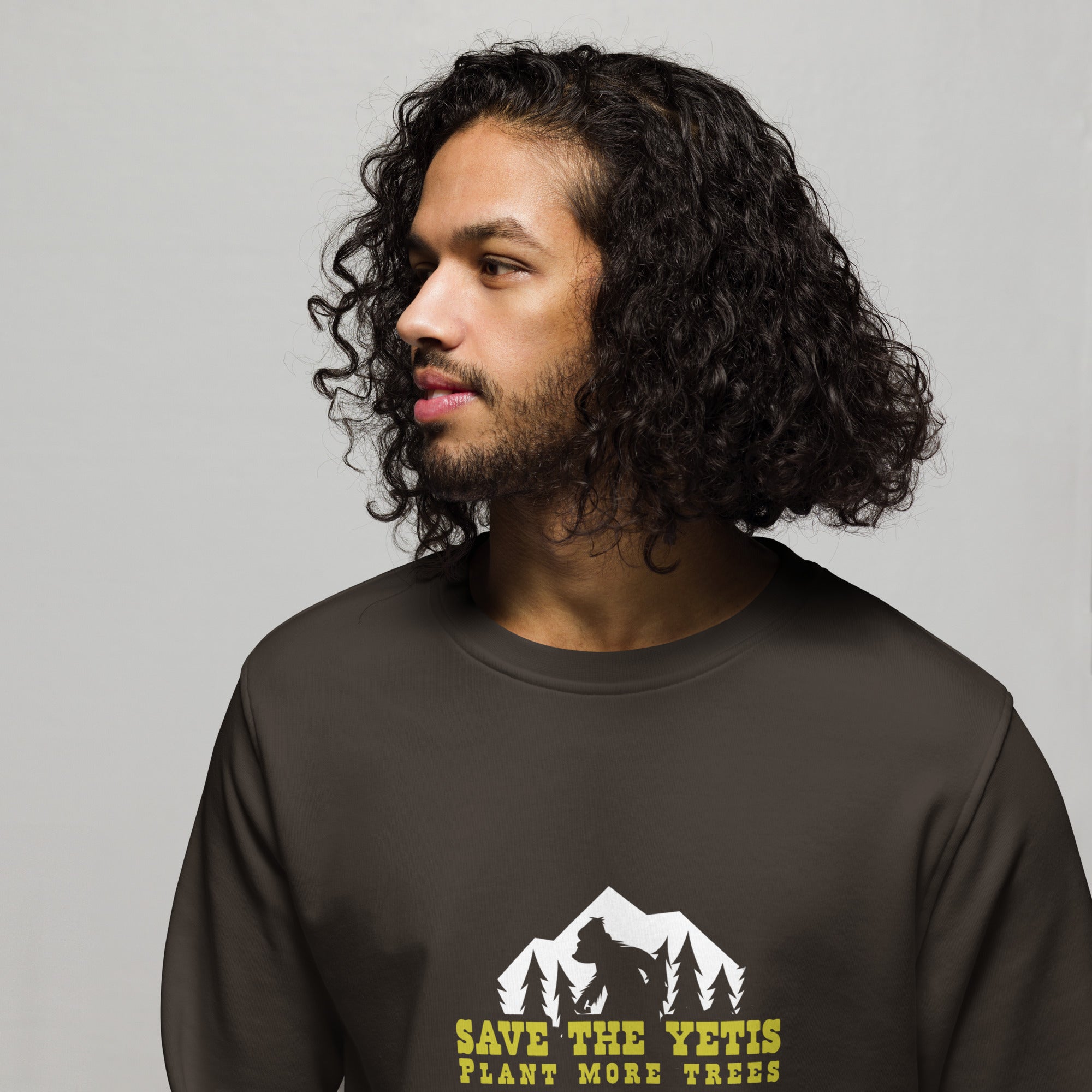 Unisex organic sweatshirt Save the Yetis, Plant more Trees (front & back)