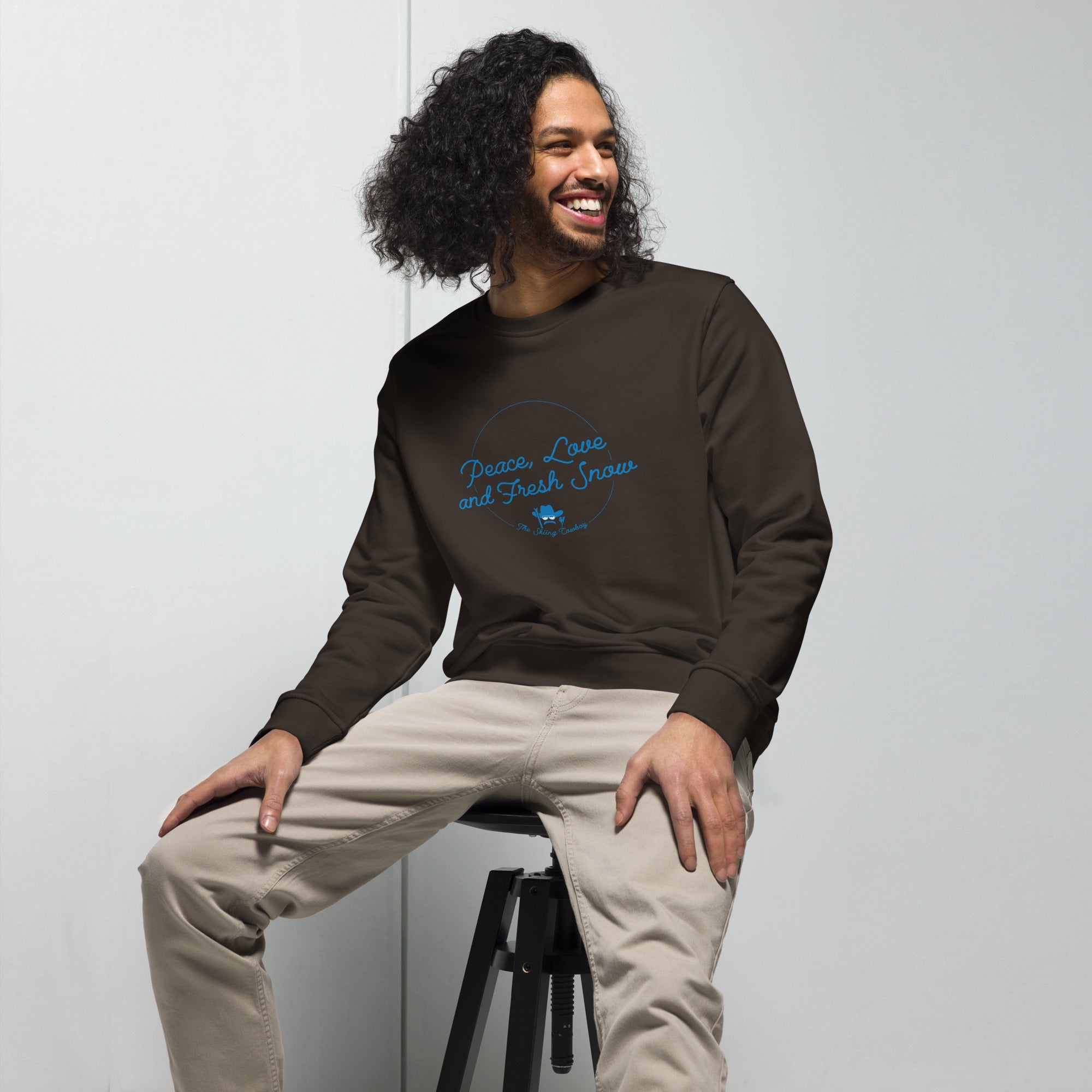 Unisex organic sweatshirt Peace, Love and Fresh Snow - The Skiing Cowboy