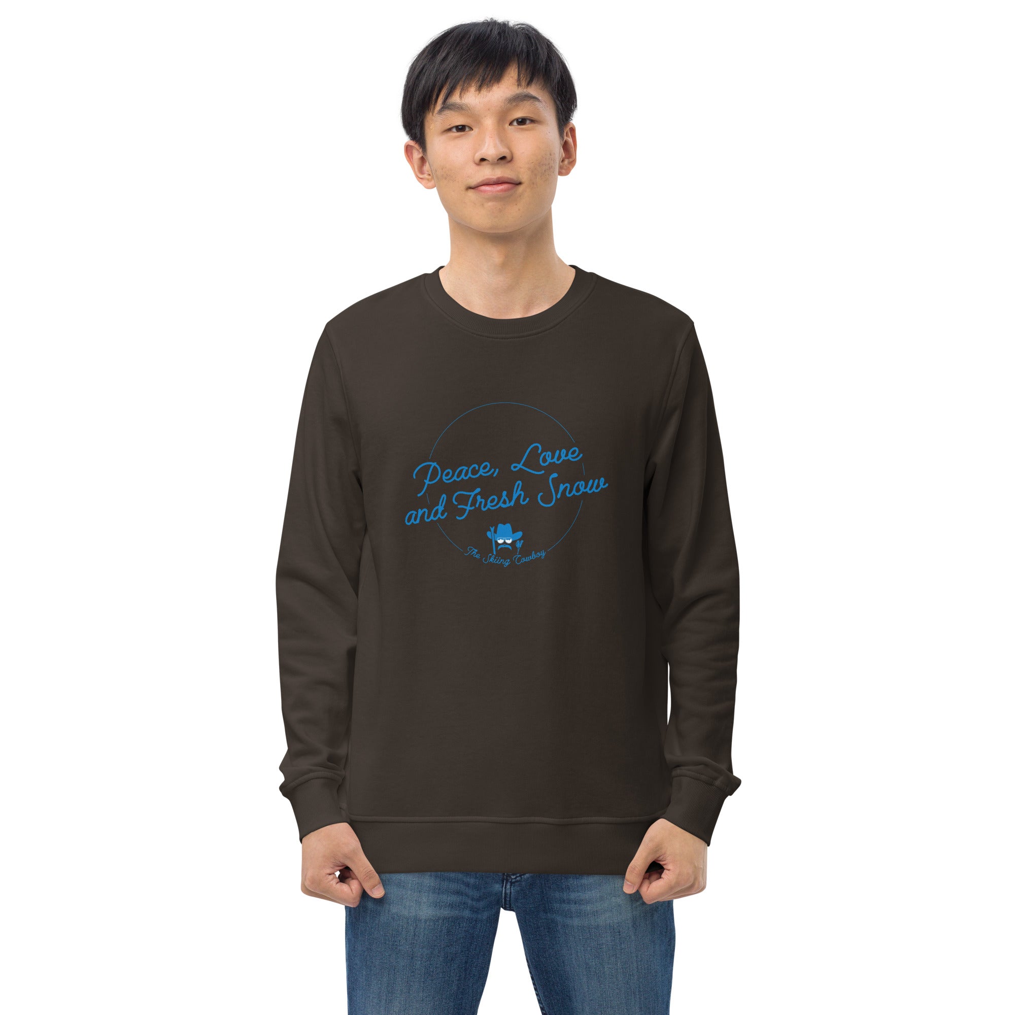 Unisex organic sweatshirt Peace, Love and Fresh Snow - The Skiing Cowboy