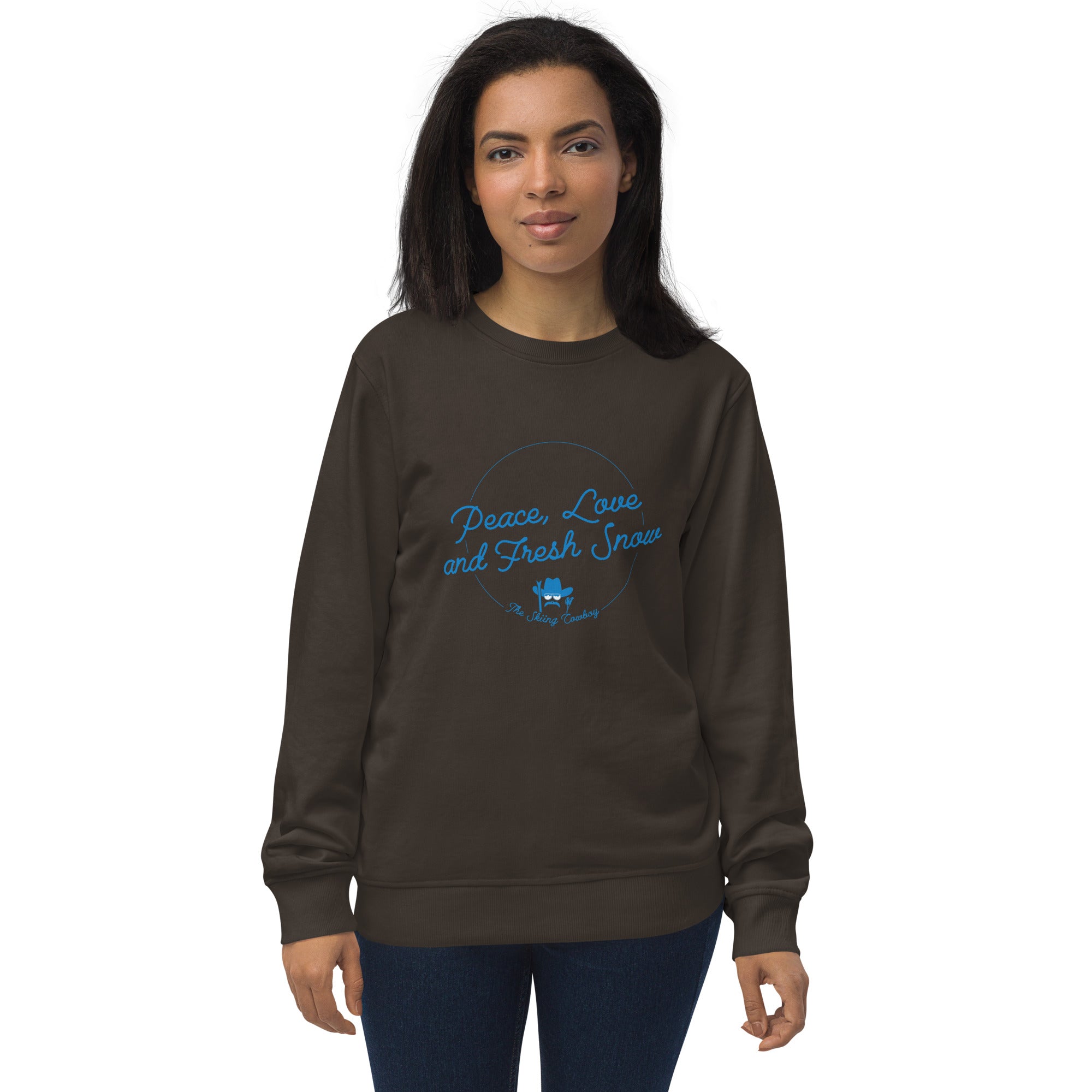 Unisex organic sweatshirt Peace, Love and Fresh Snow - The Skiing Cowboy