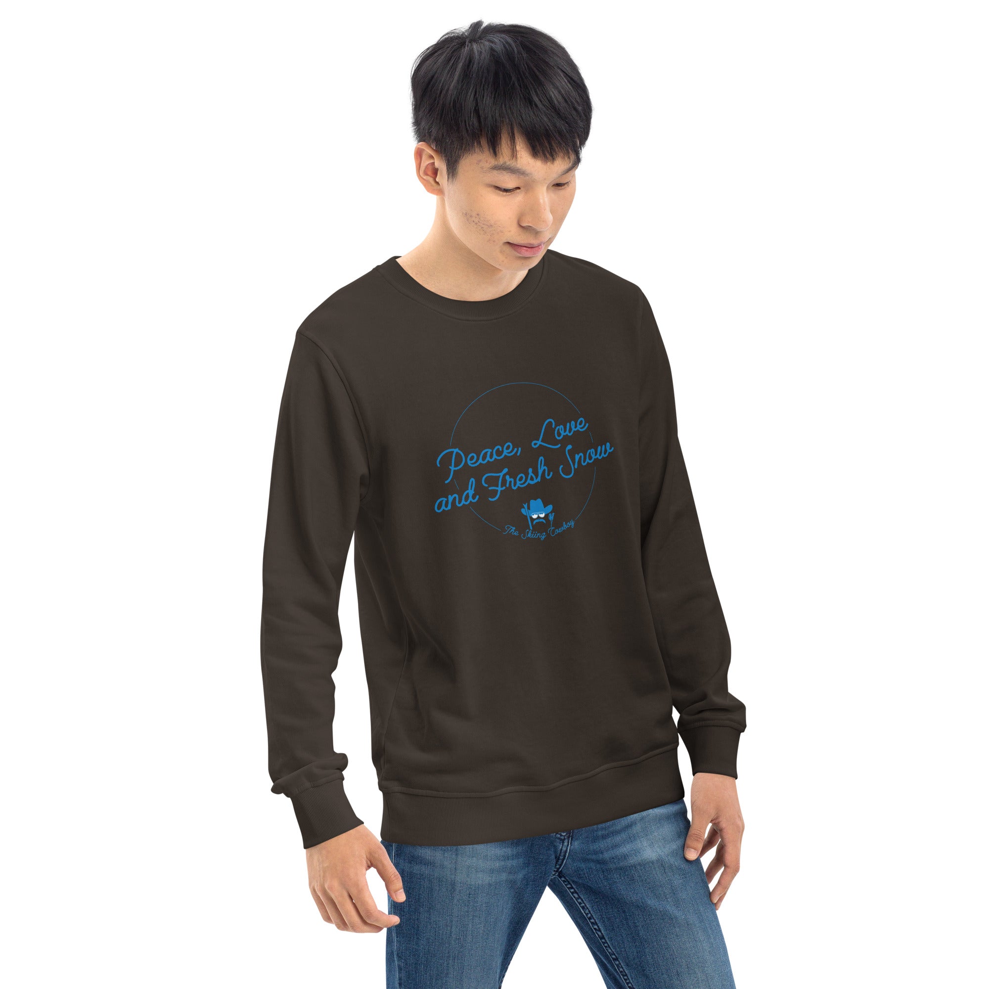 Unisex organic sweatshirt Peace, Love and Fresh Snow - The Skiing Cowboy