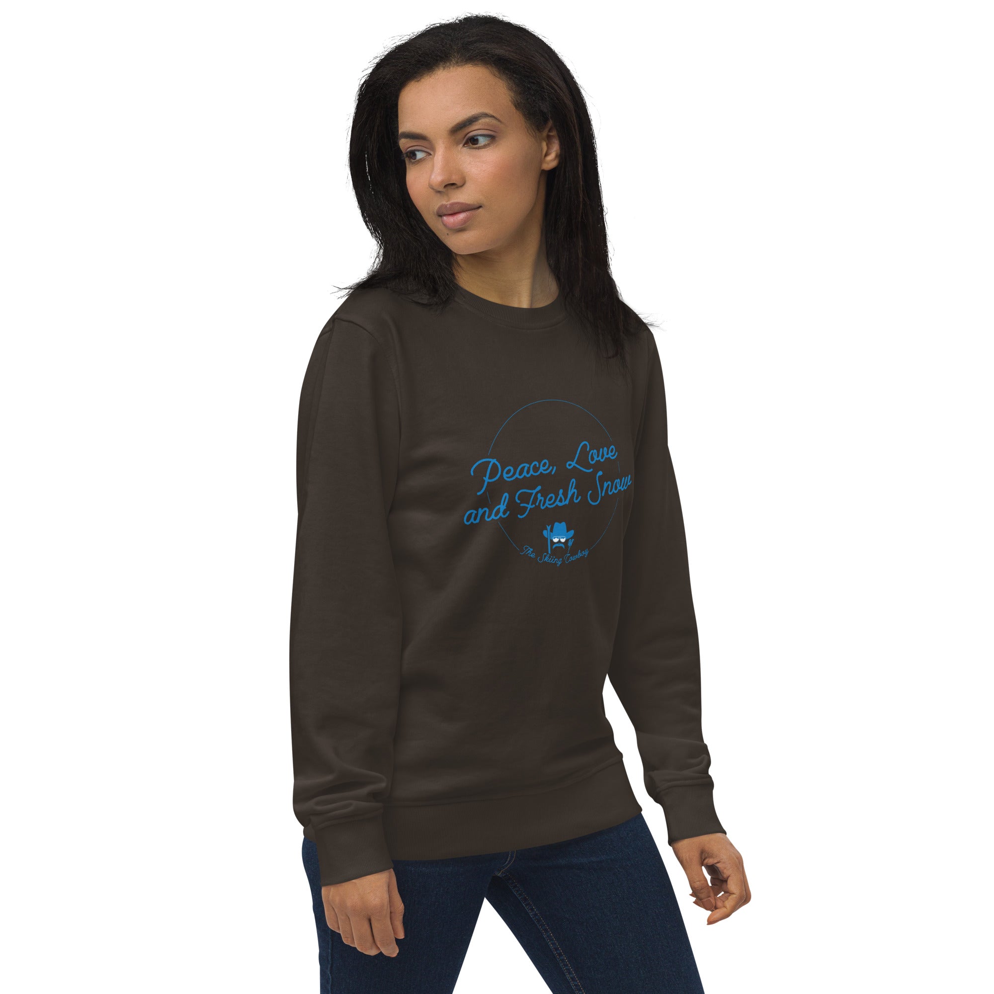 Unisex organic sweatshirt Peace, Love and Fresh Snow - The Skiing Cowboy