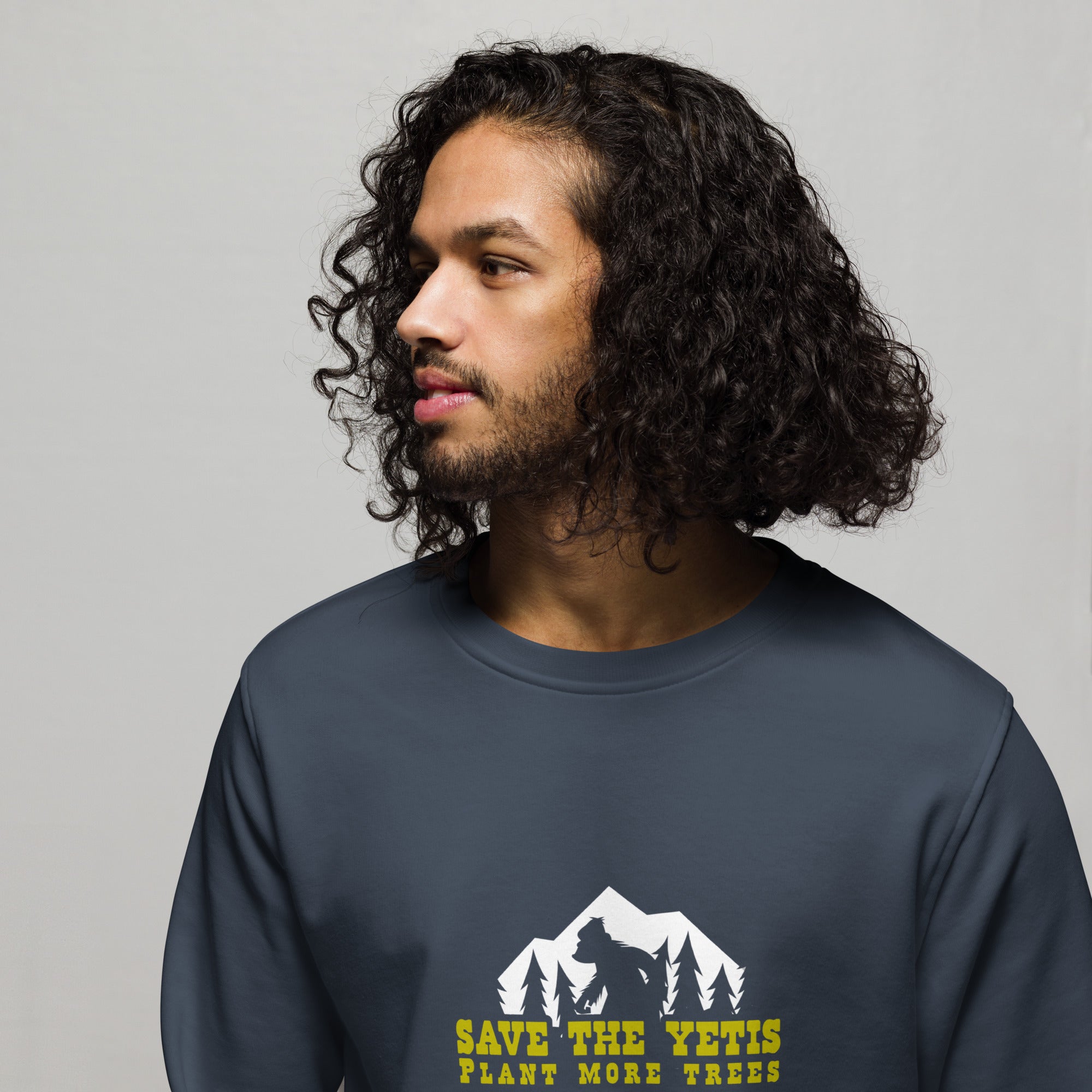 Unisex organic sweatshirt Save the Yetis, Plant more Trees (front & back)