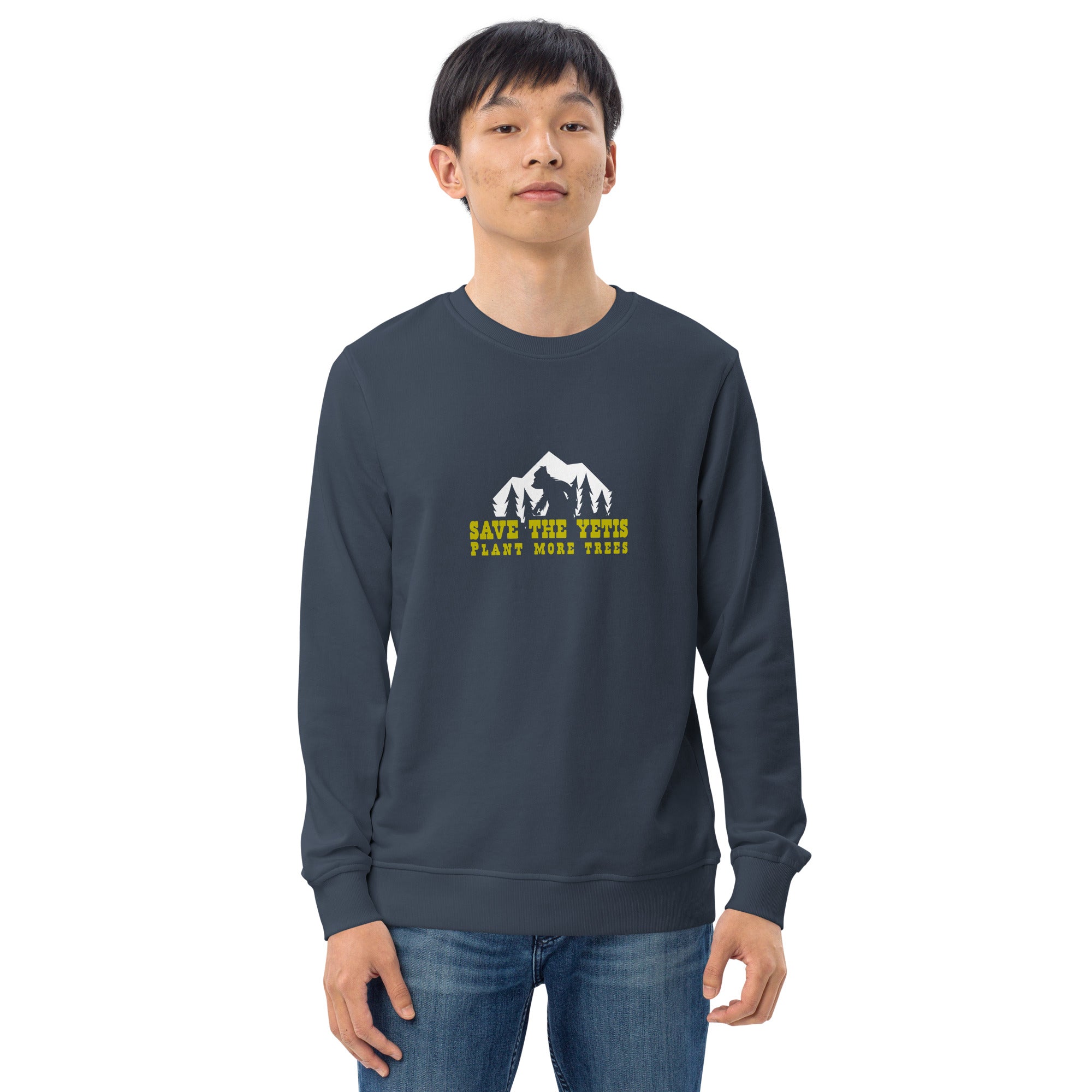 Unisex organic sweatshirt Save the Yetis, Plant more Trees (front & back)