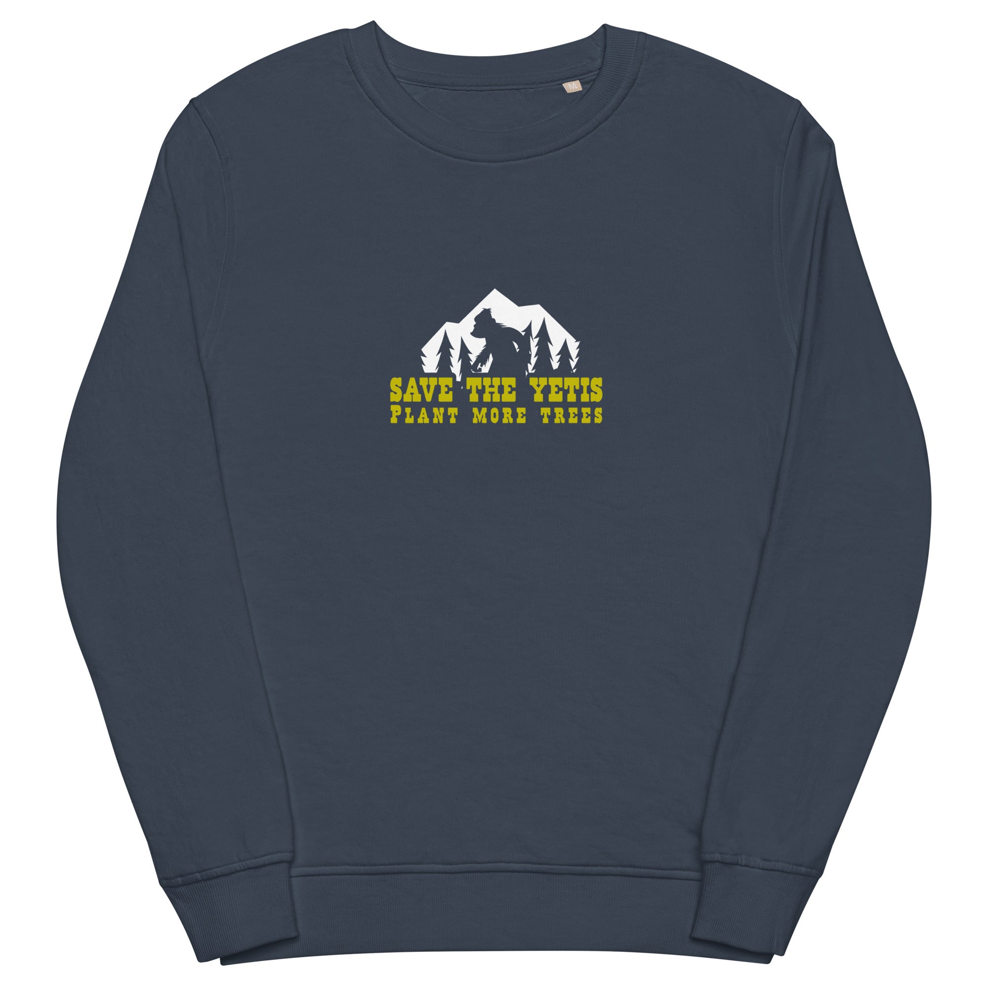 Unisex organic sweatshirt Save the Yetis, Plant more Trees (front & back)