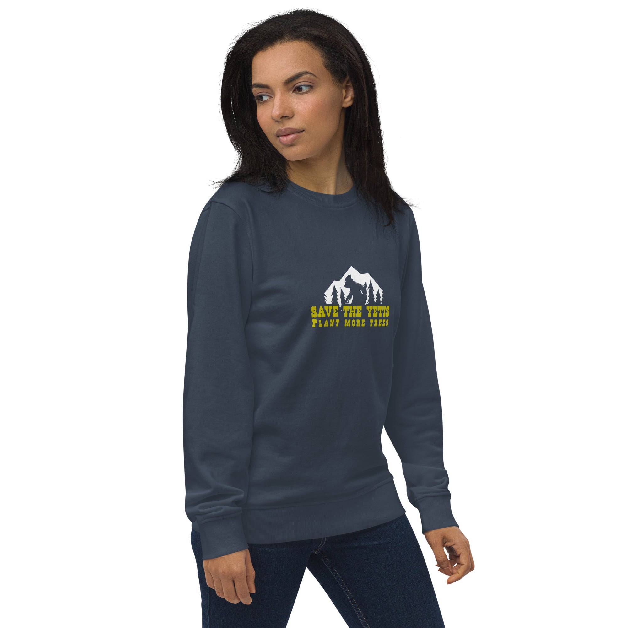 Unisex organic sweatshirt Save the Yetis, Plant more Trees (front & back)