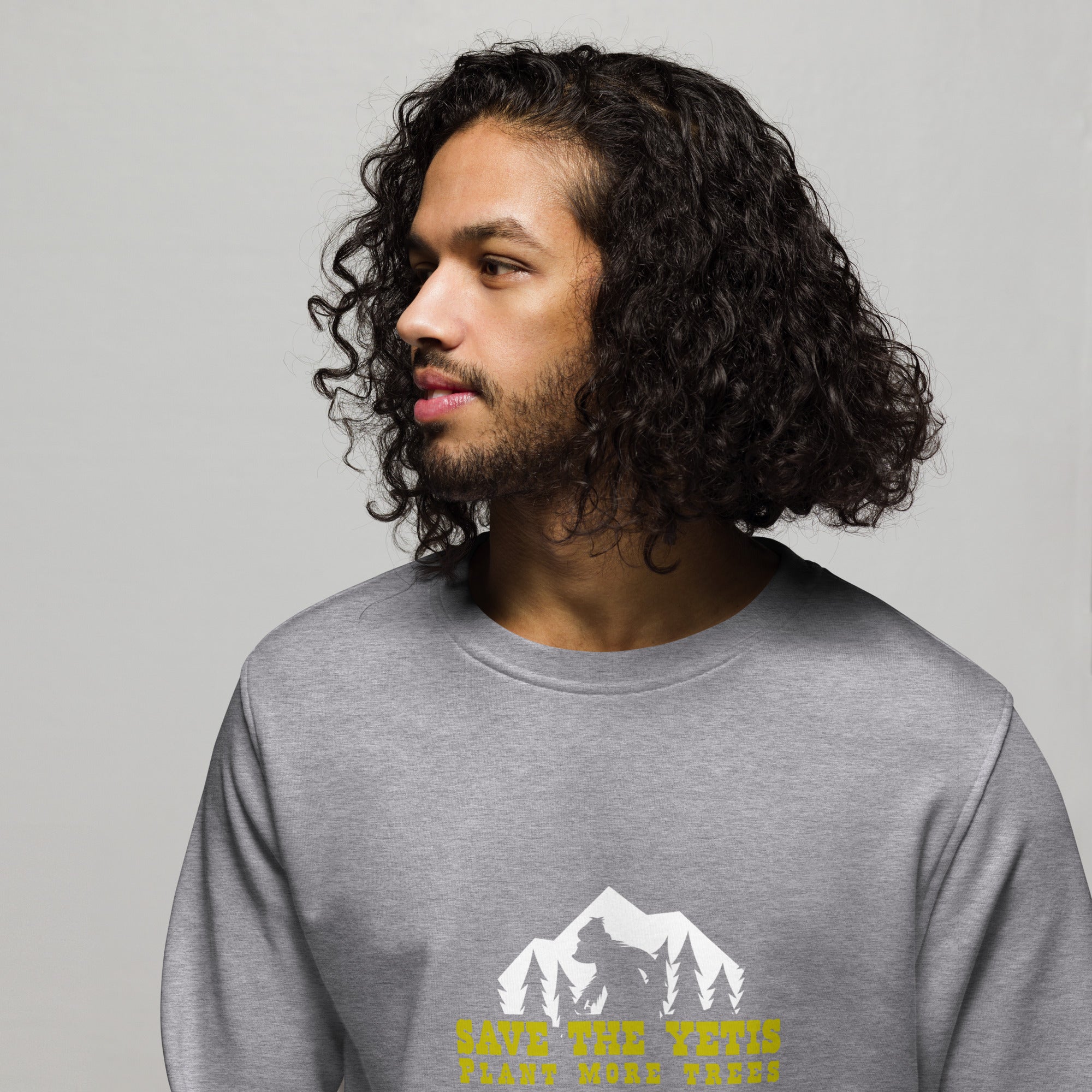 Unisex organic sweatshirt Save the Yetis, Plant more Trees (front & back)
