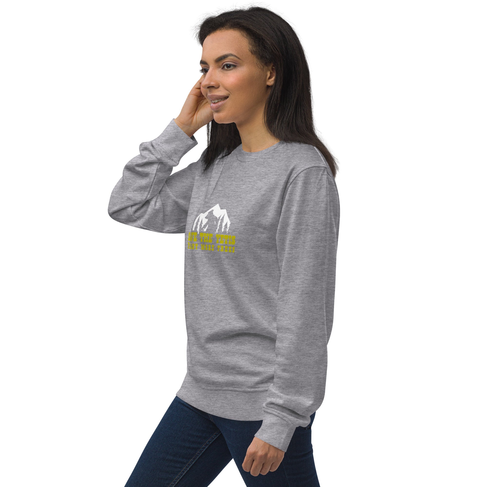 Unisex organic sweatshirt Save the Yetis, Plant more Trees (front & back)