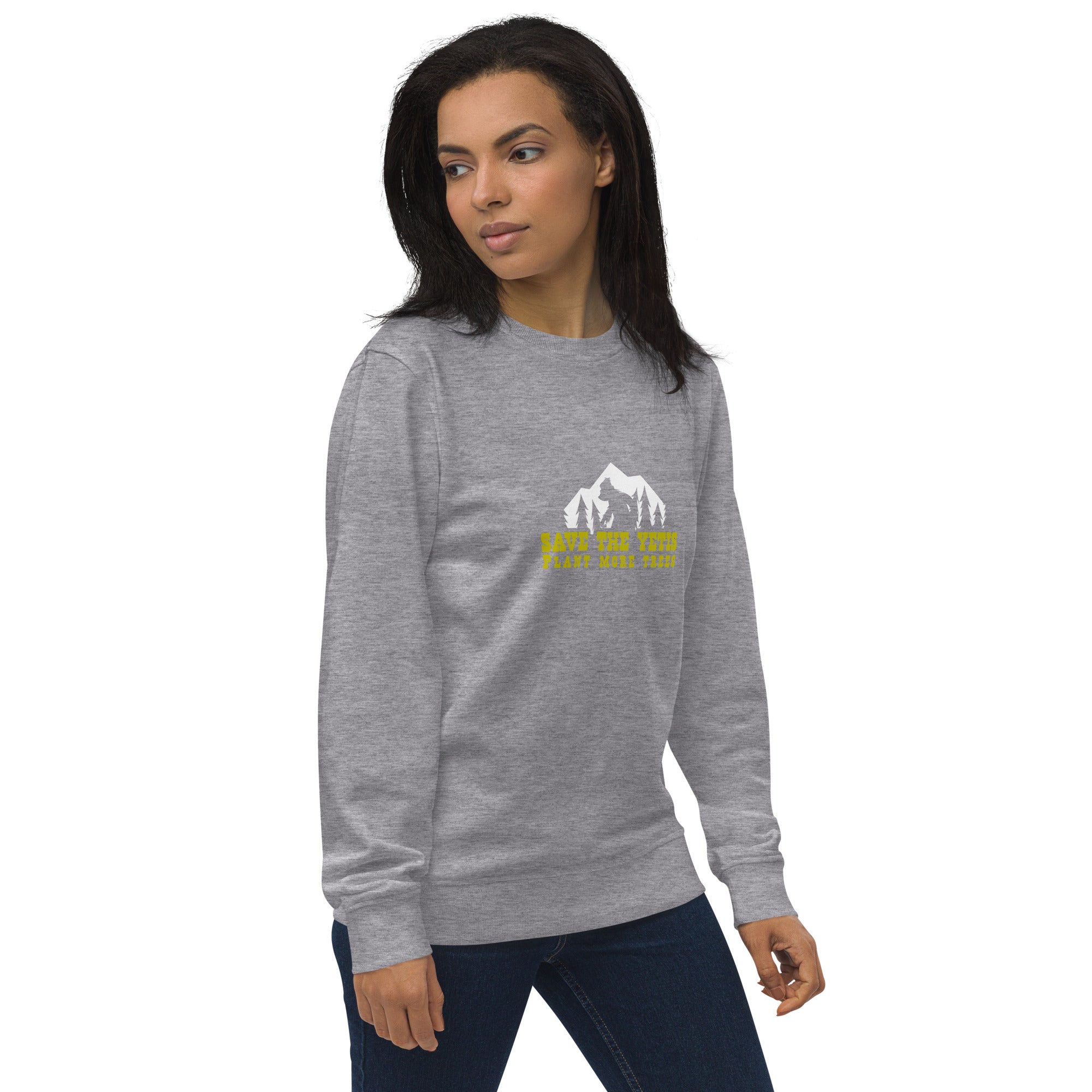 Unisex organic sweatshirt Save the Yetis, Plant more Trees (front & back)