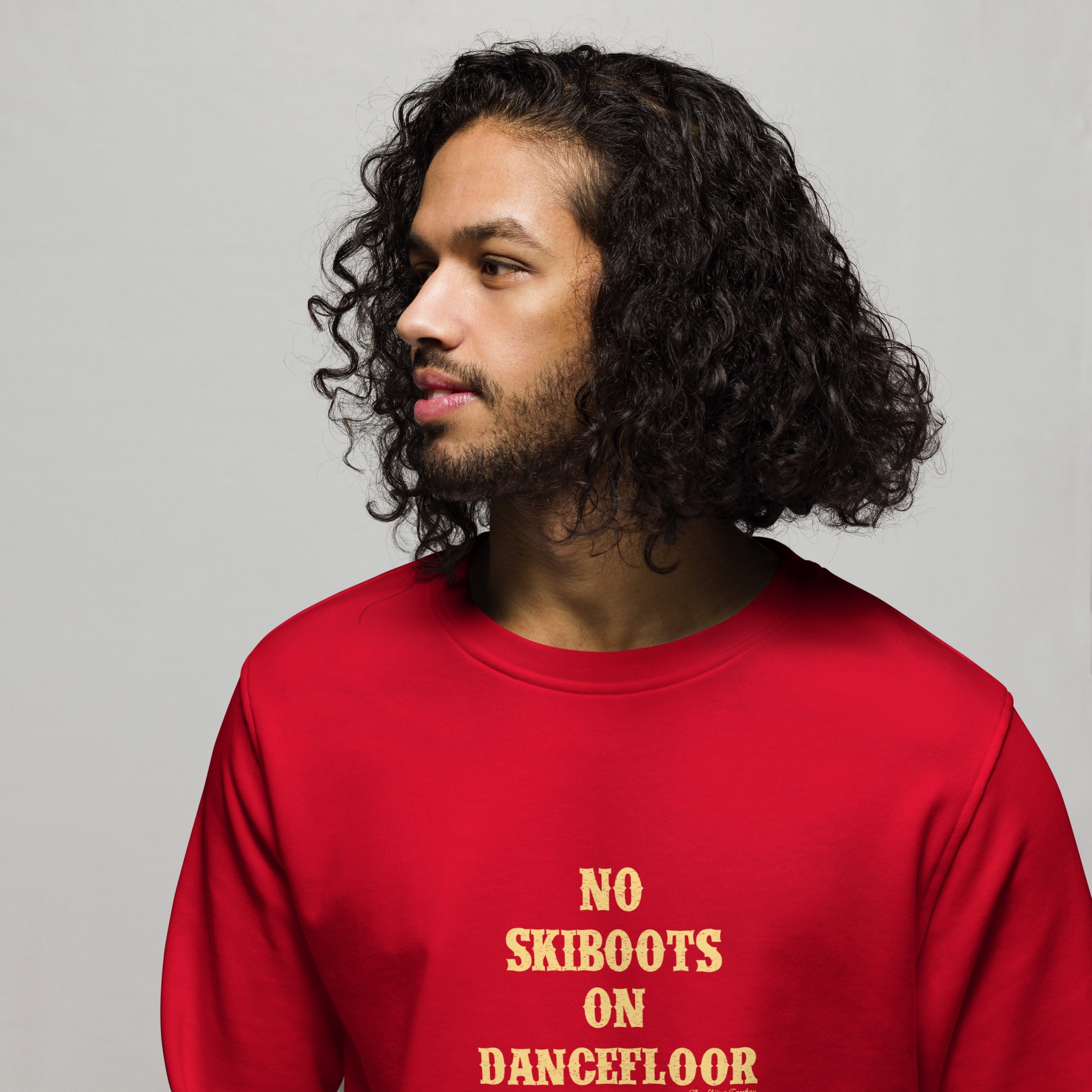 Unisex organic sweatshirt No Skiboots on Dancefloor light text