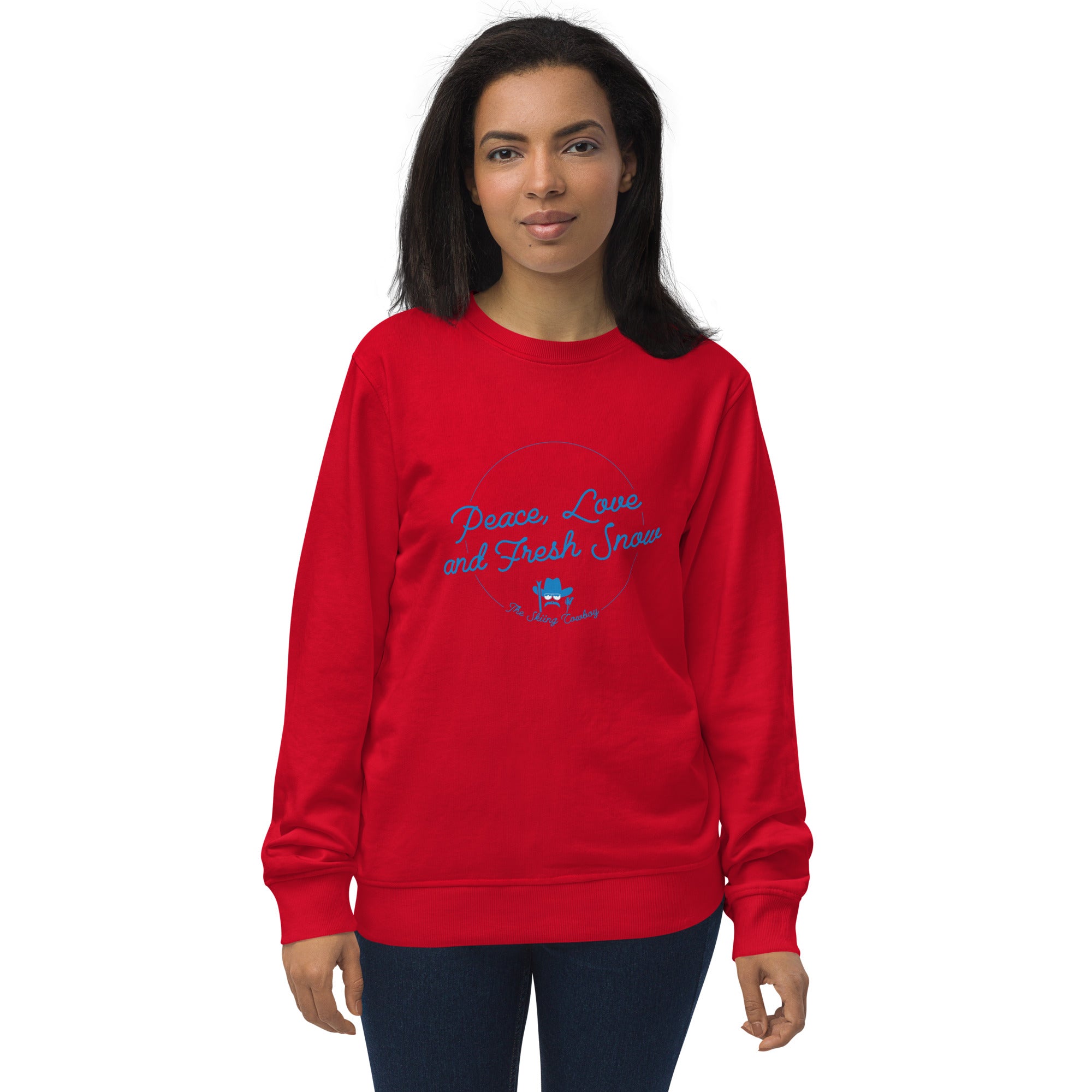 Unisex organic sweatshirt Peace, Love and Fresh Snow - The Skiing Cowboy