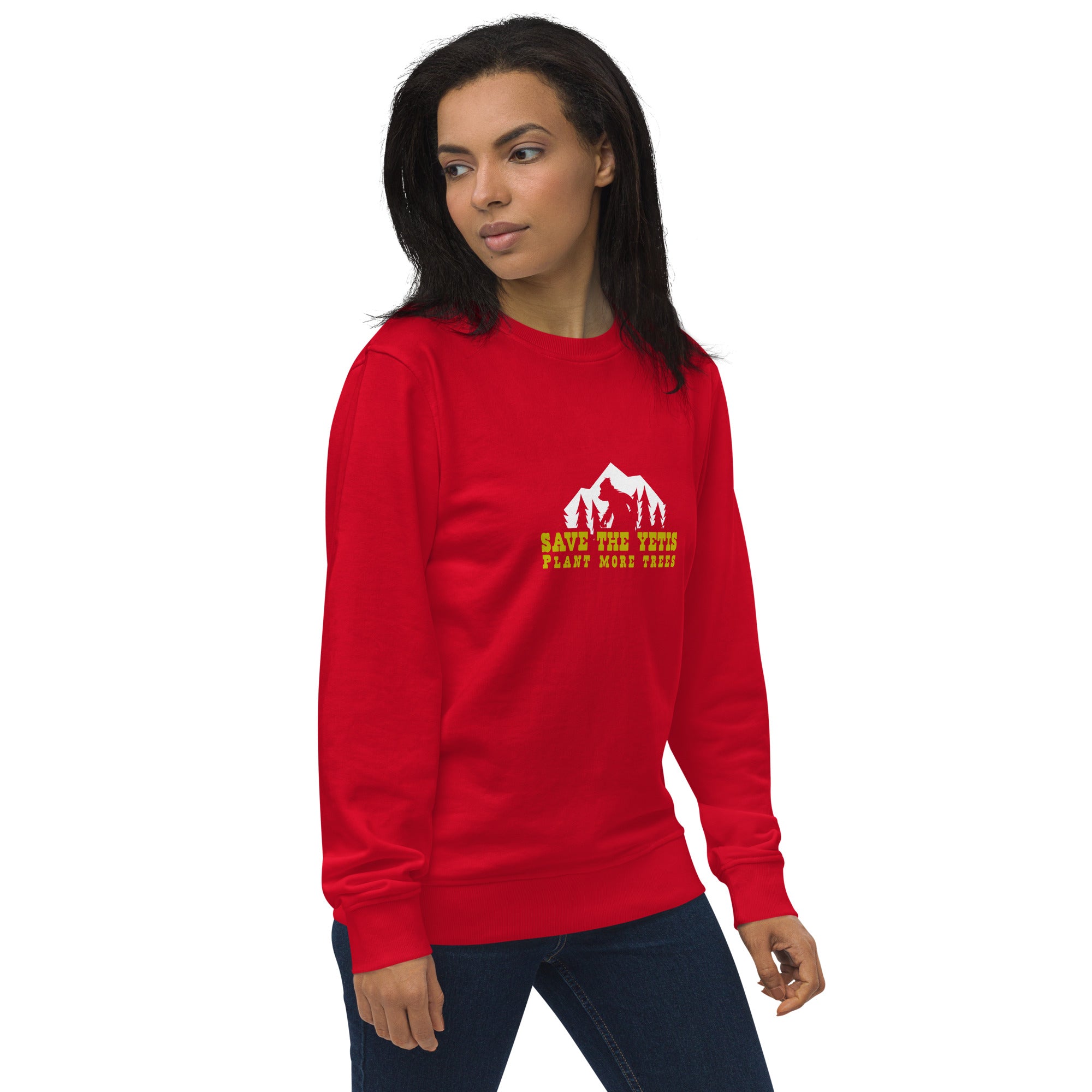 Unisex organic sweatshirt Save the Yetis, Plant more Trees (front & back)