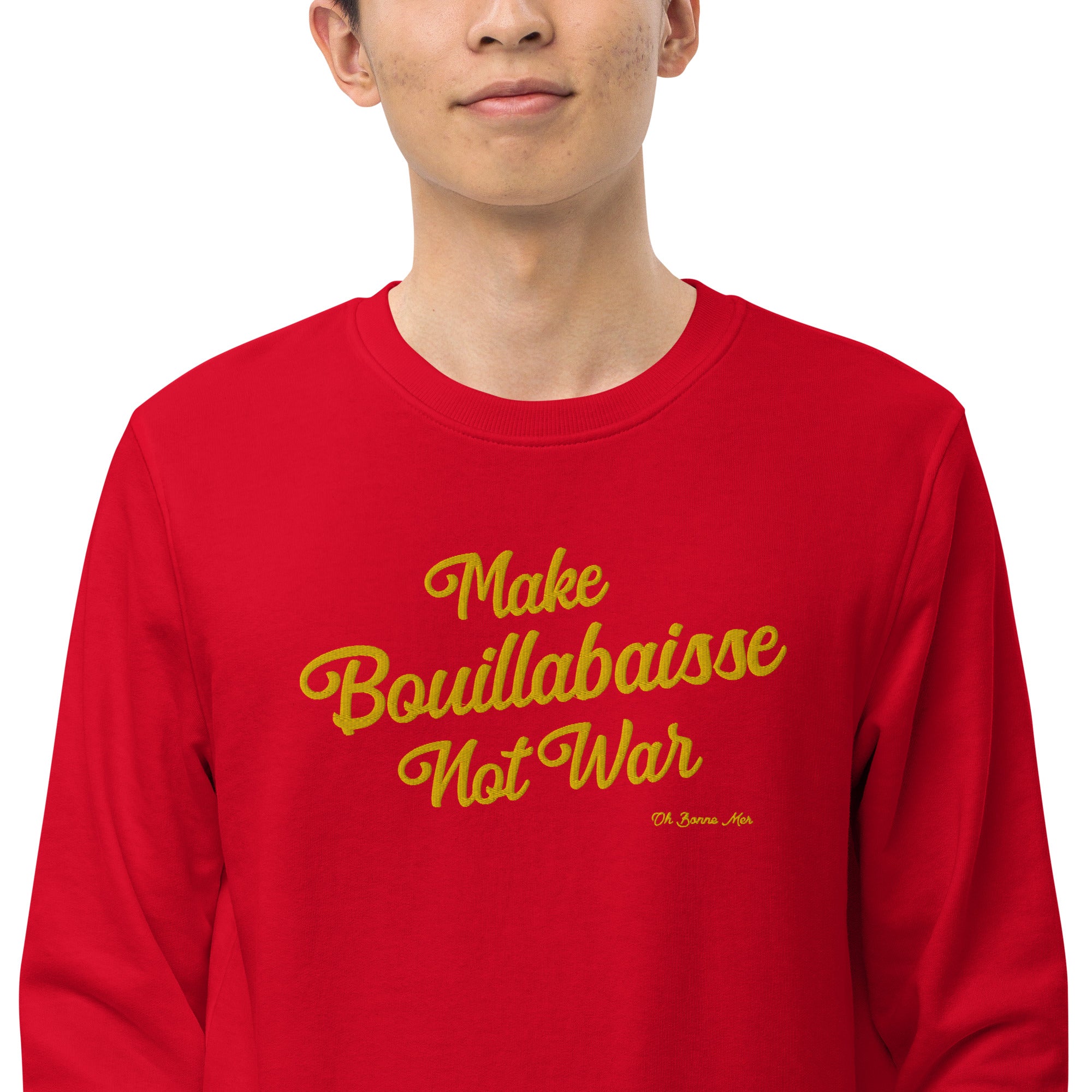 Sweat écologique unisexe Make Bouillabaisse Not War grand motif doré brodé