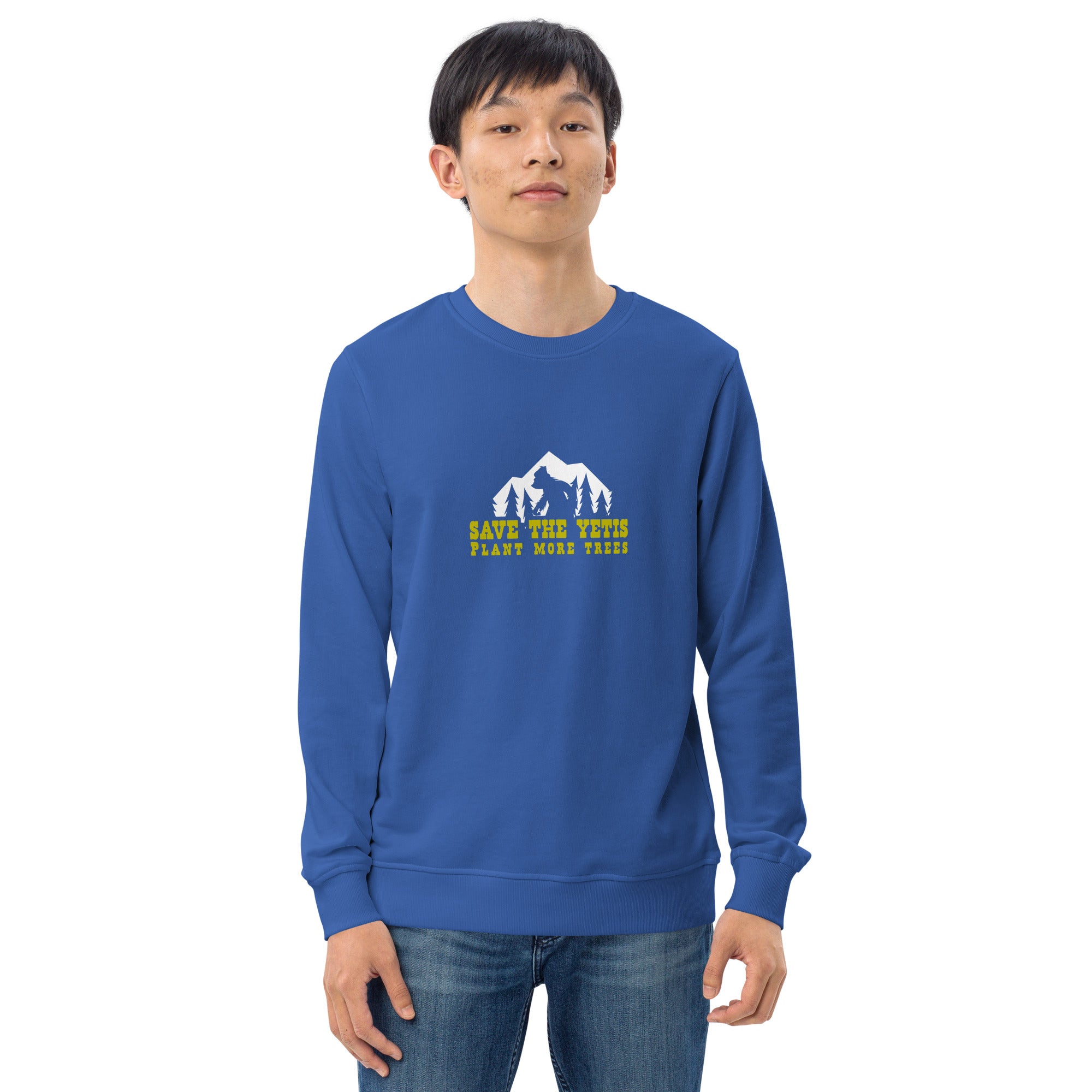 Unisex organic sweatshirt Save the Yetis, Plant more Trees (front & back)