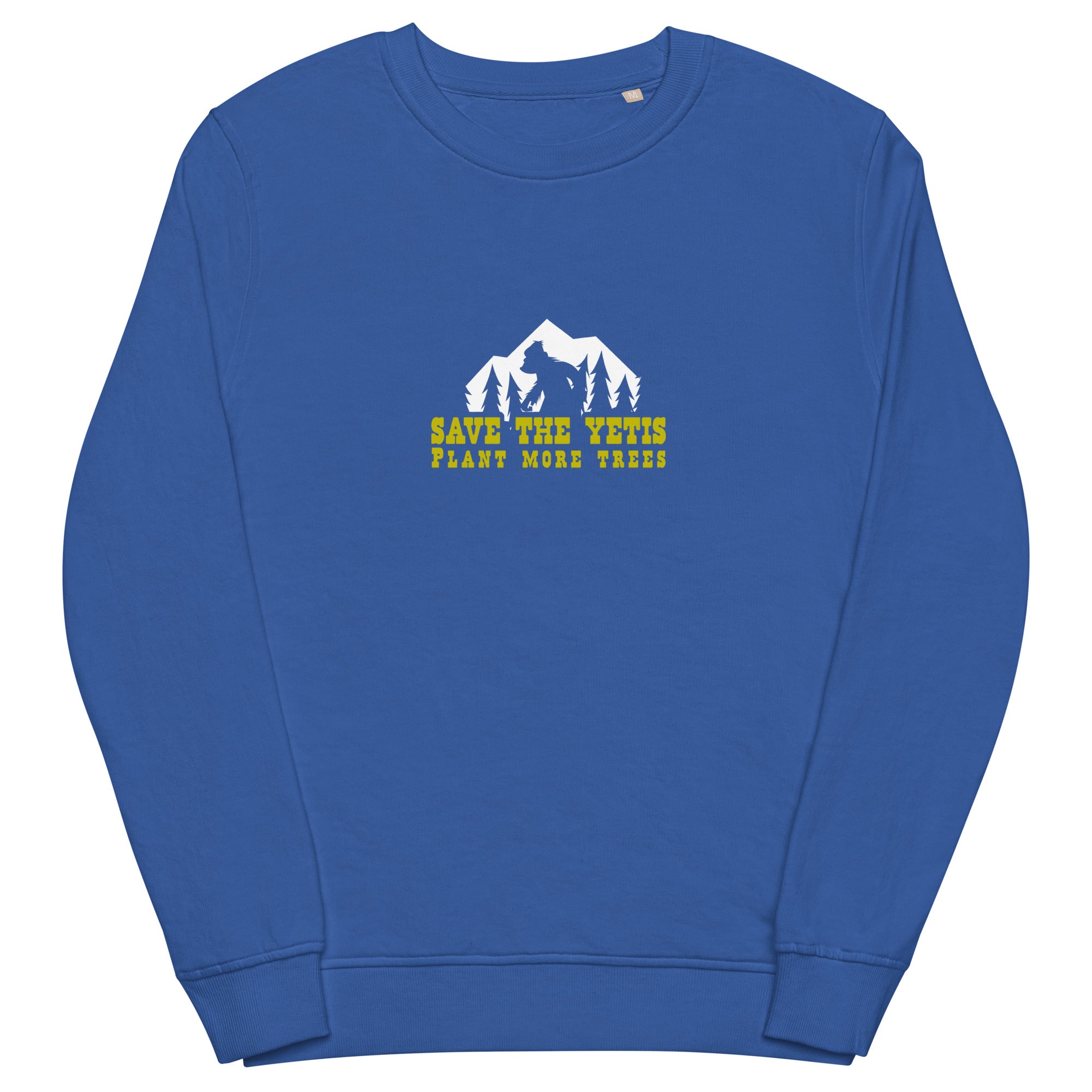 Unisex organic sweatshirt Save the Yetis, Plant more Trees (front & back)