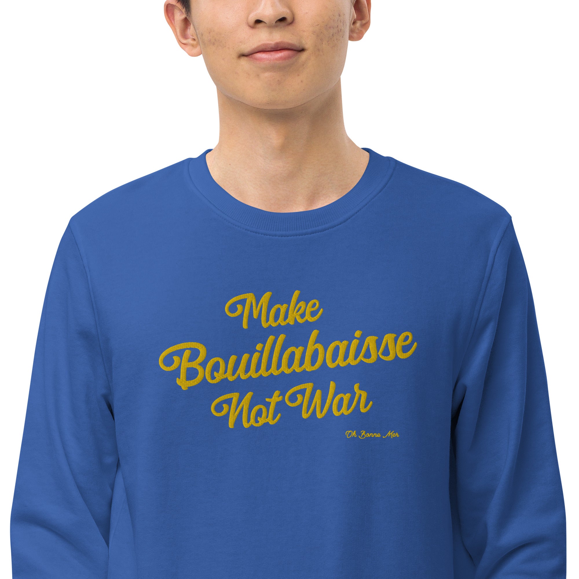 Sweat écologique unisexe Make Bouillabaisse Not War grand motif doré brodé
