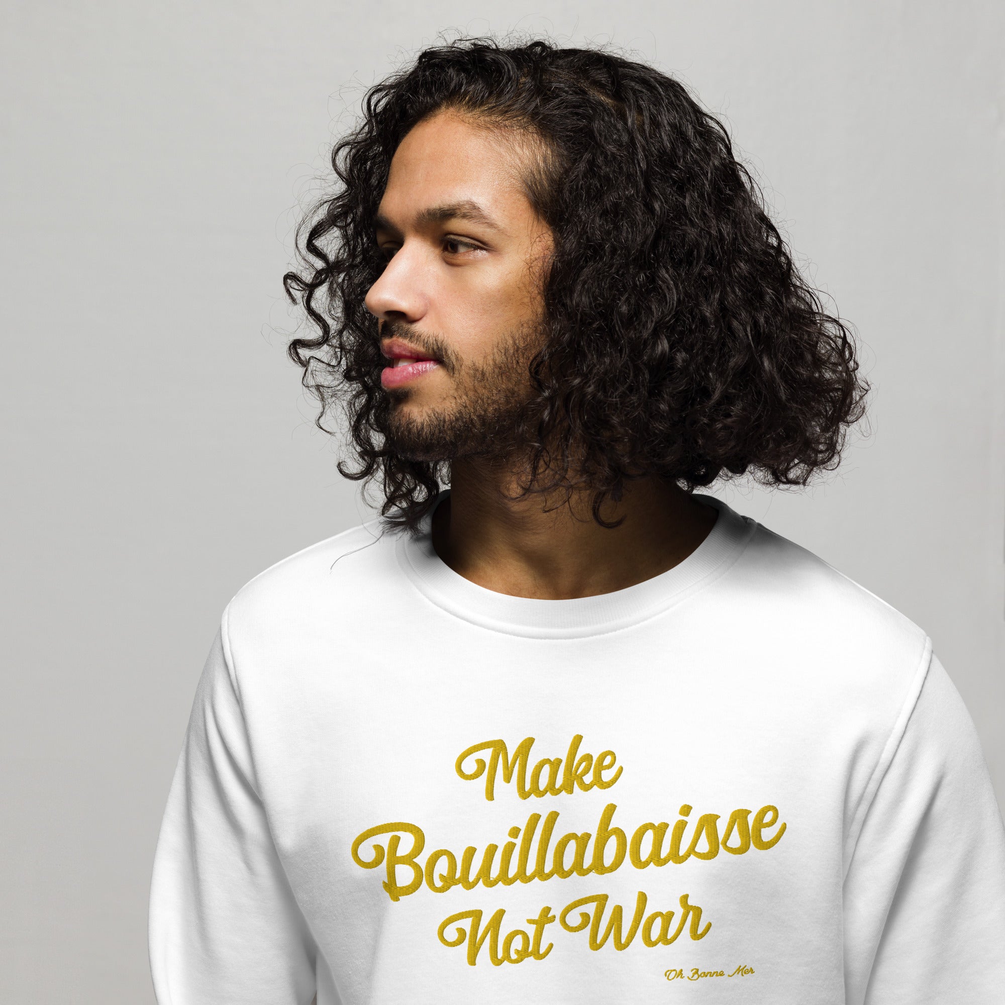 Sweat écologique unisexe Make Bouillabaisse Not War grand motif doré brodé