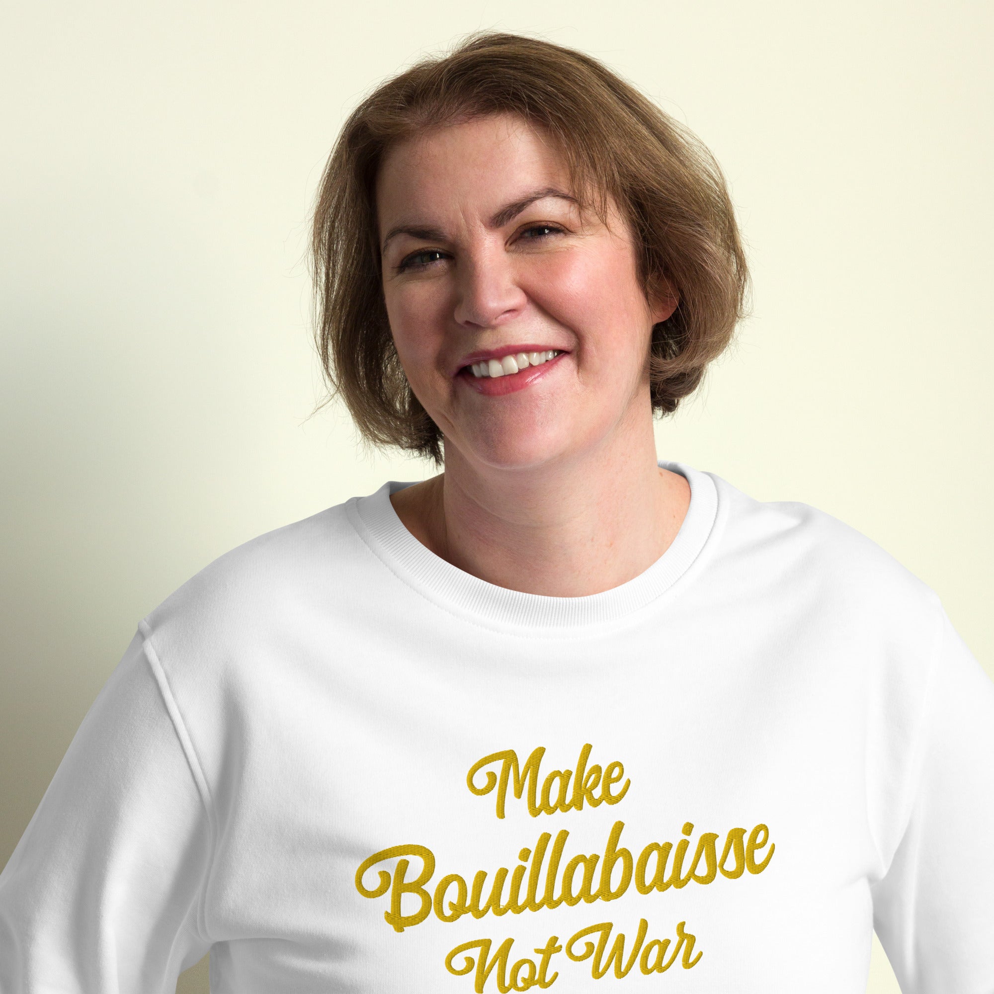 Sweat écologique unisexe Make Bouillabaisse Not War grand motif doré brodé