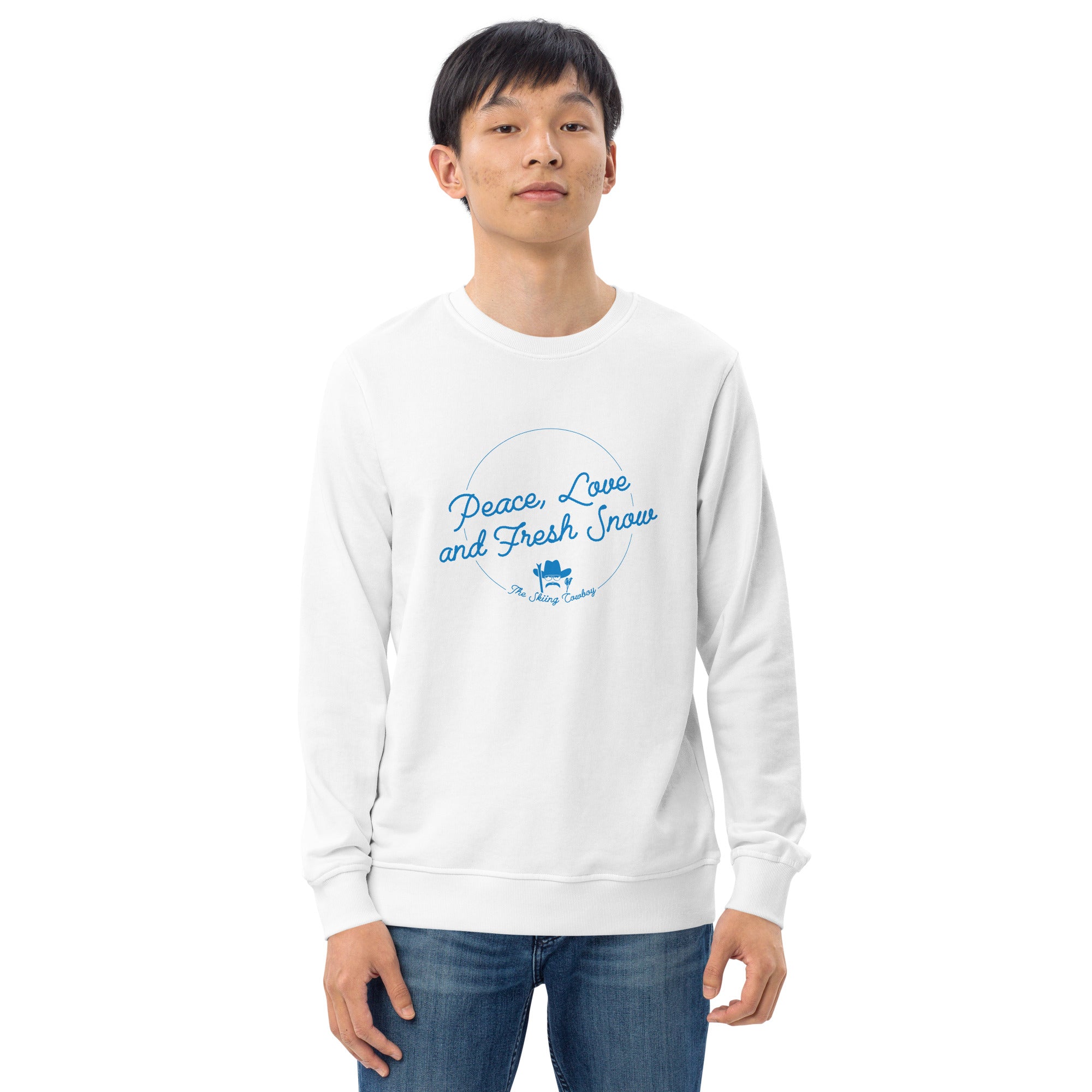 Unisex organic sweatshirt Peace, Love and Fresh Snow - The Skiing Cowboy