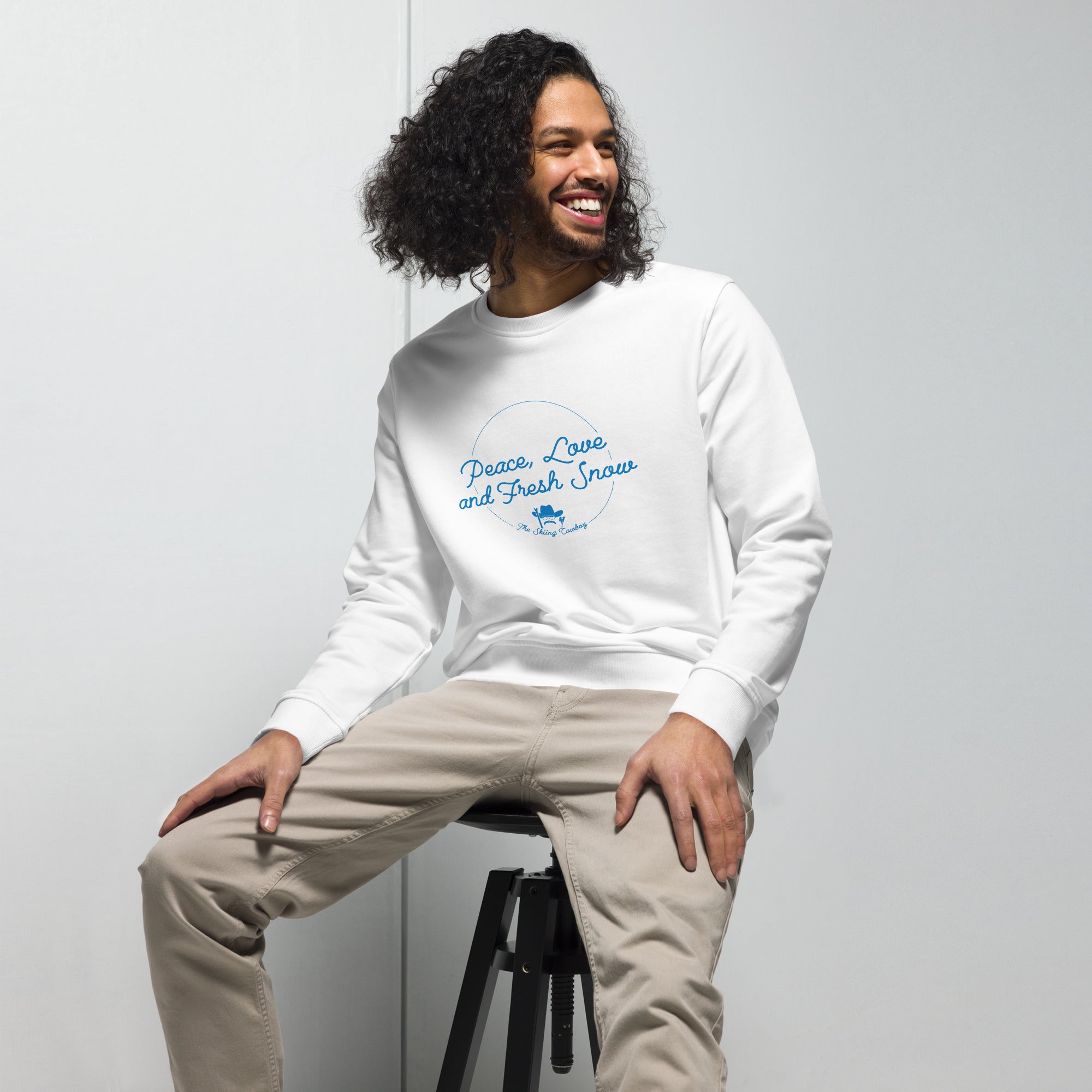 Unisex organic sweatshirt Peace, Love and Fresh Snow - The Skiing Cowboy