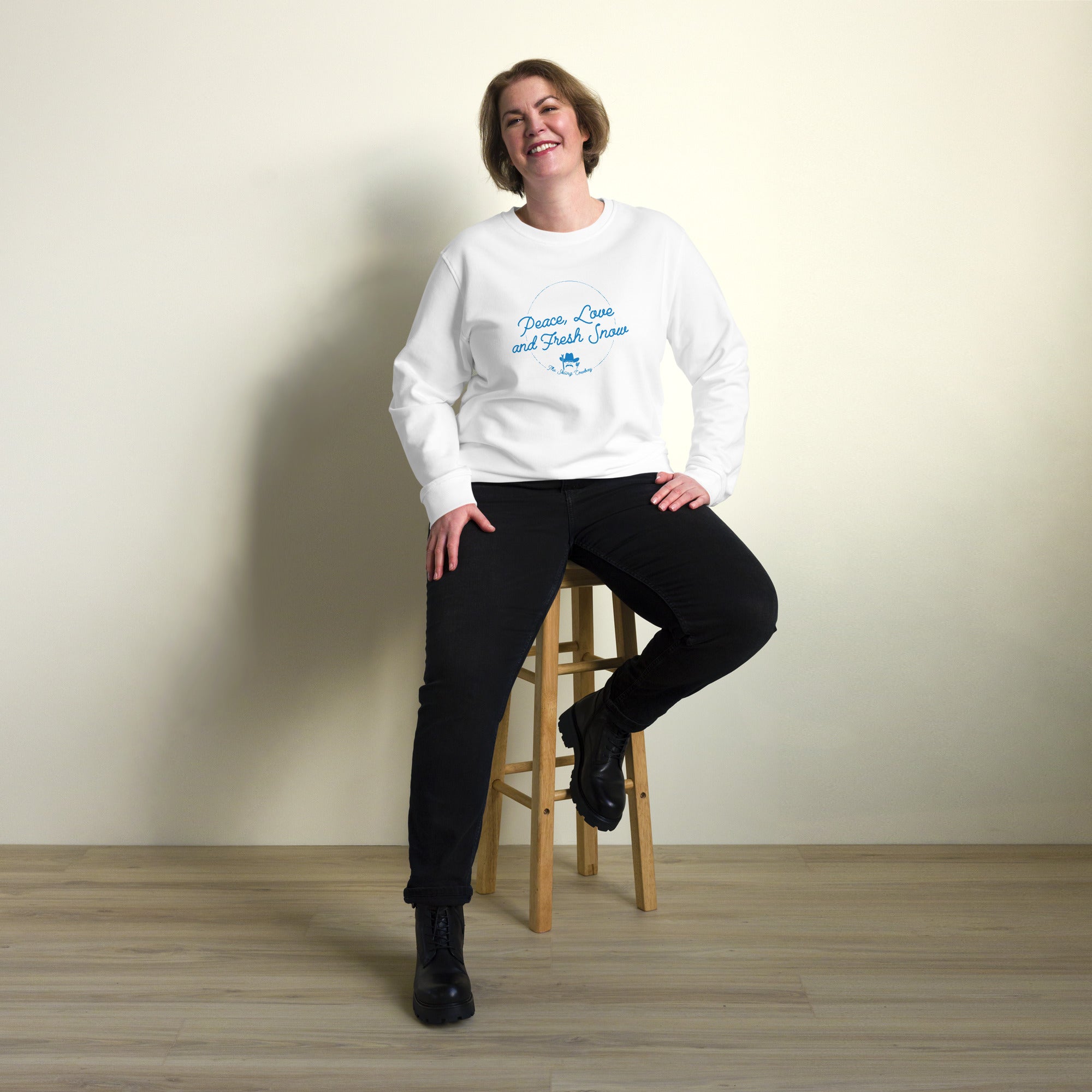 Unisex organic sweatshirt Peace, Love and Fresh Snow - The Skiing Cowboy