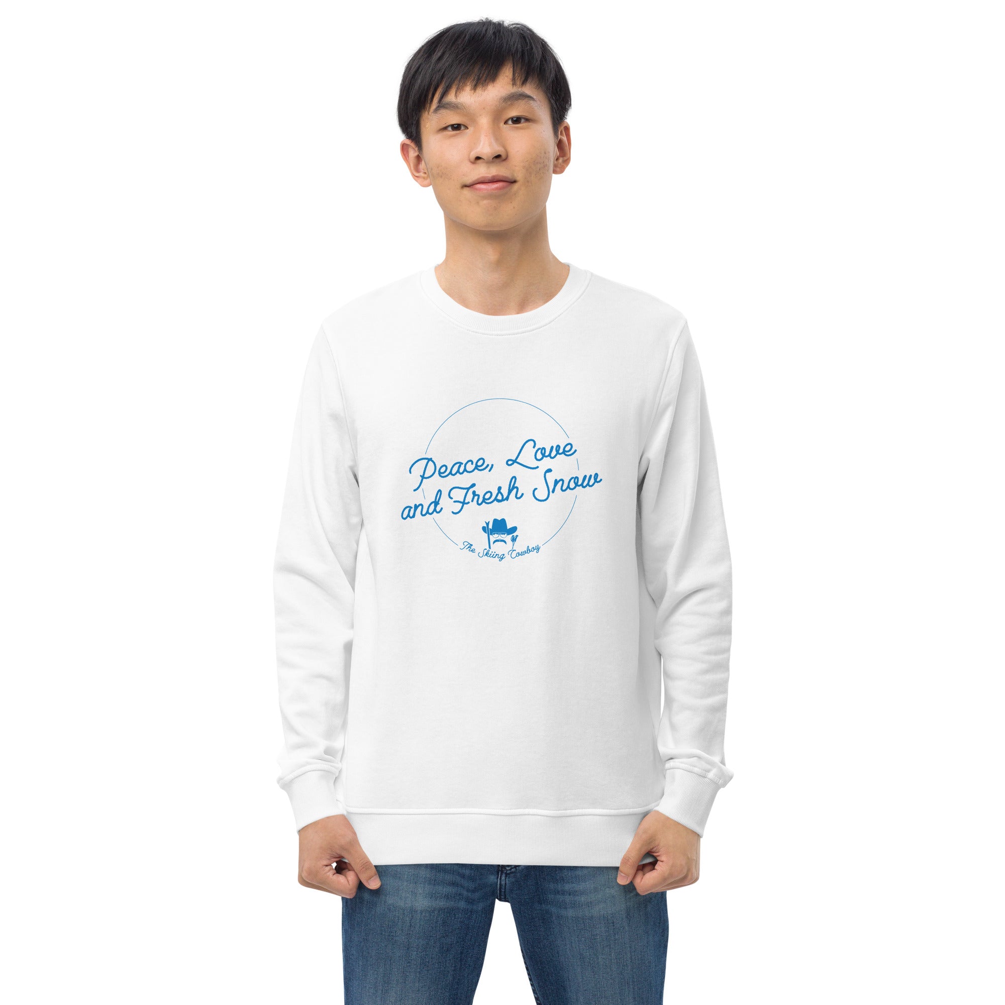 Unisex organic sweatshirt Peace, Love and Fresh Snow - The Skiing Cowboy