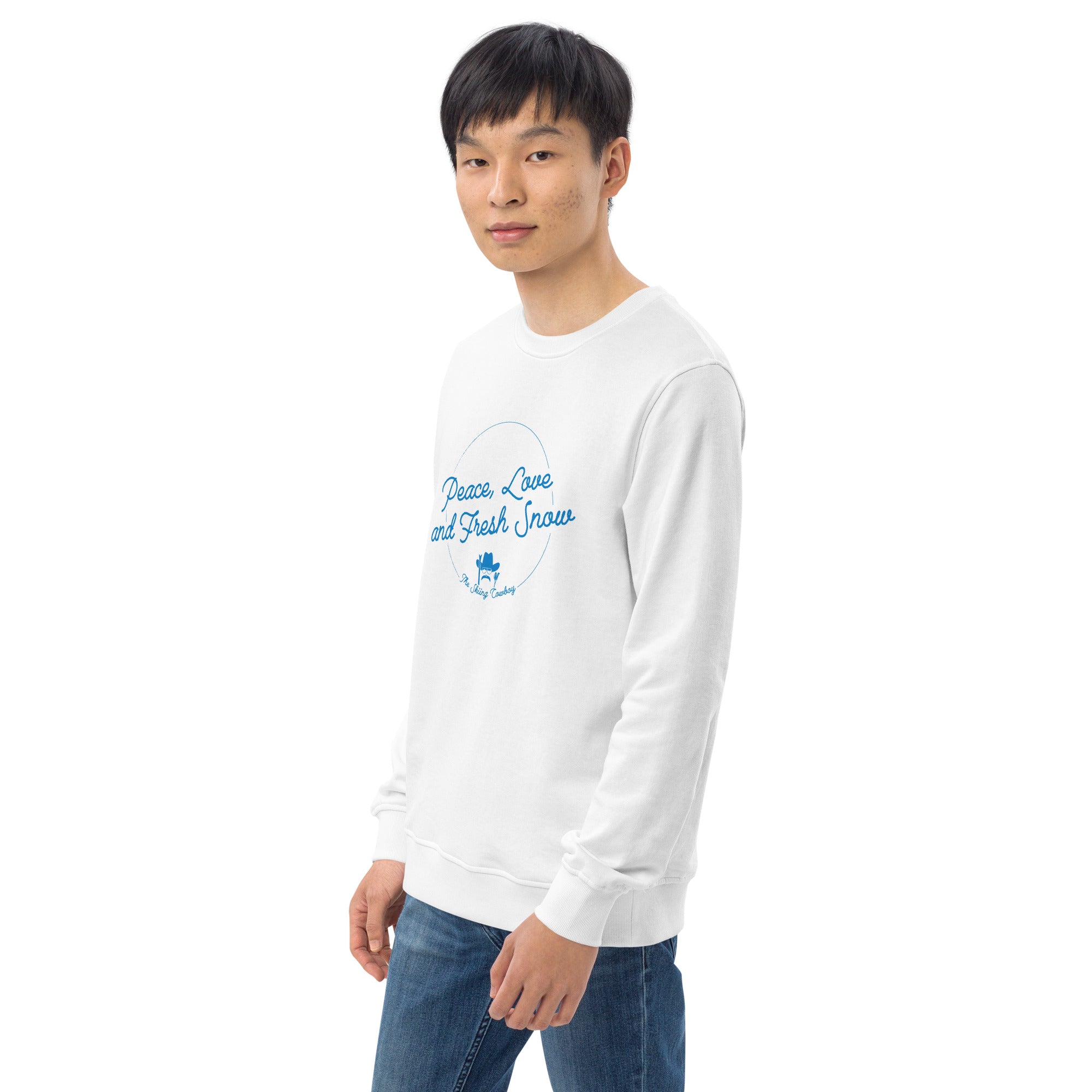 Unisex organic sweatshirt Peace, Love and Fresh Snow - The Skiing Cowboy