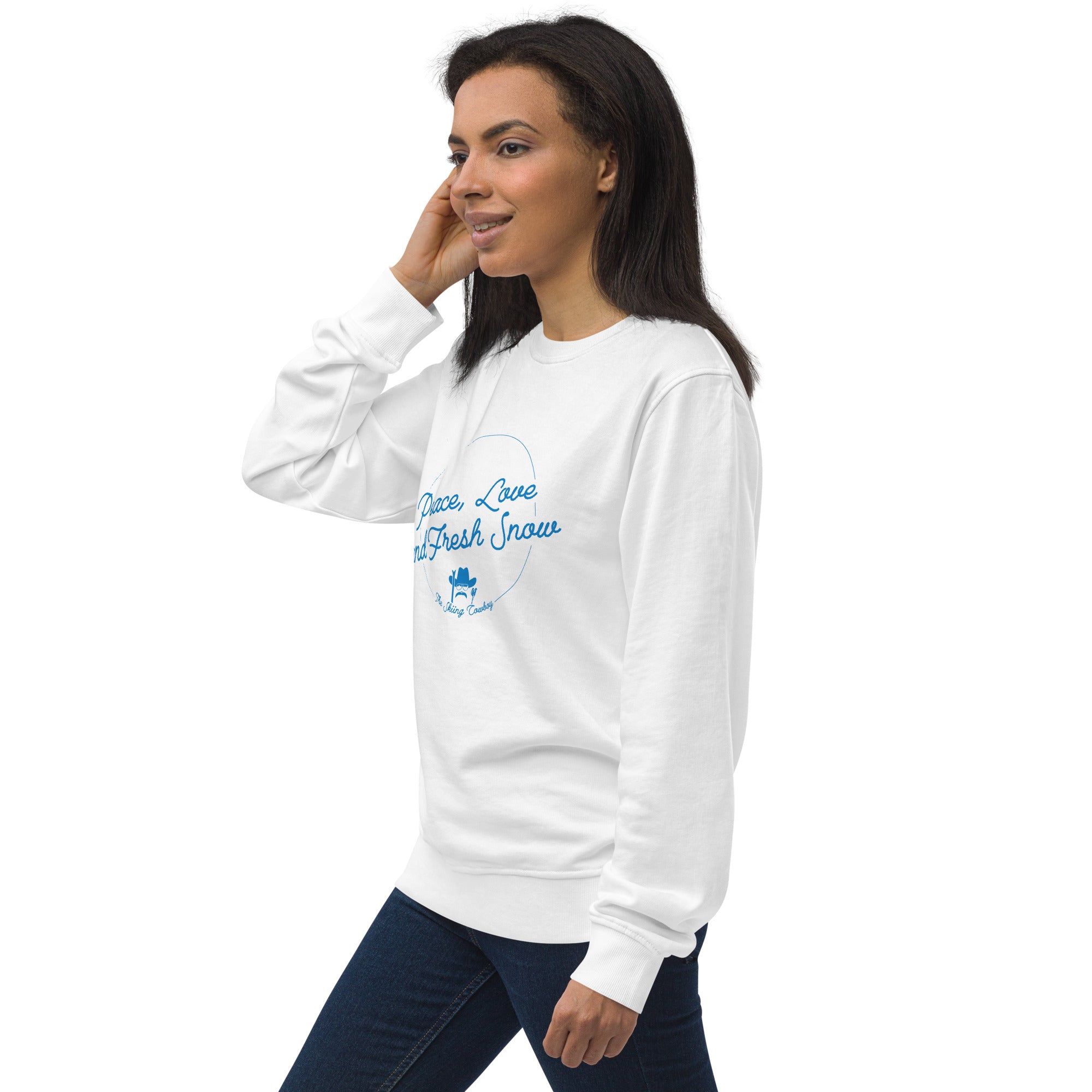 Unisex organic sweatshirt Peace, Love and Fresh Snow - The Skiing Cowboy