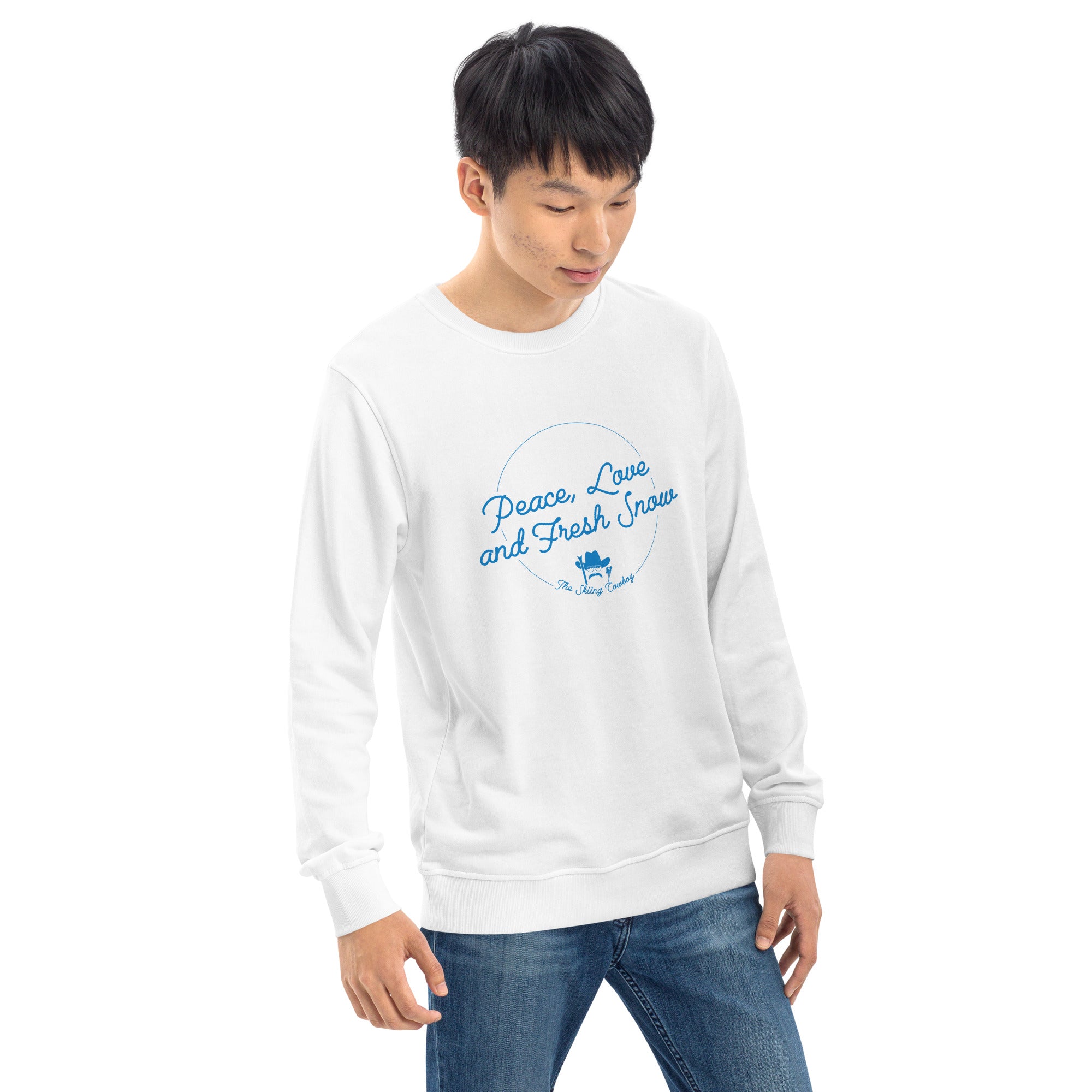 Unisex organic sweatshirt Peace, Love and Fresh Snow - The Skiing Cowboy