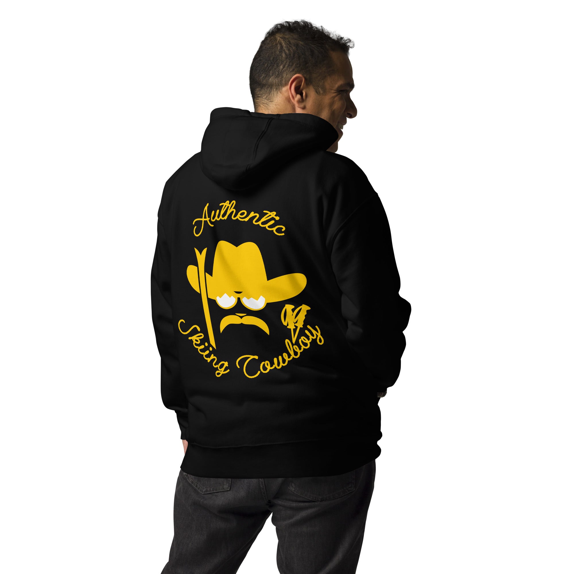 Sweat à capuche unisexe en coton Authentic Skiing Cowboy doré (face & dos)
