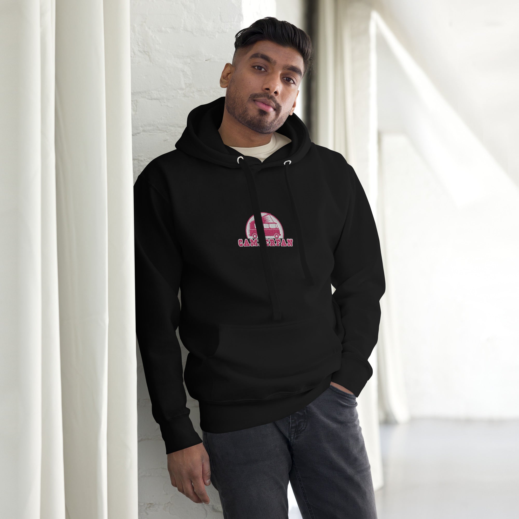 Unisex Cotton Hoodie Camperfan flamingo/white embroidered pattern