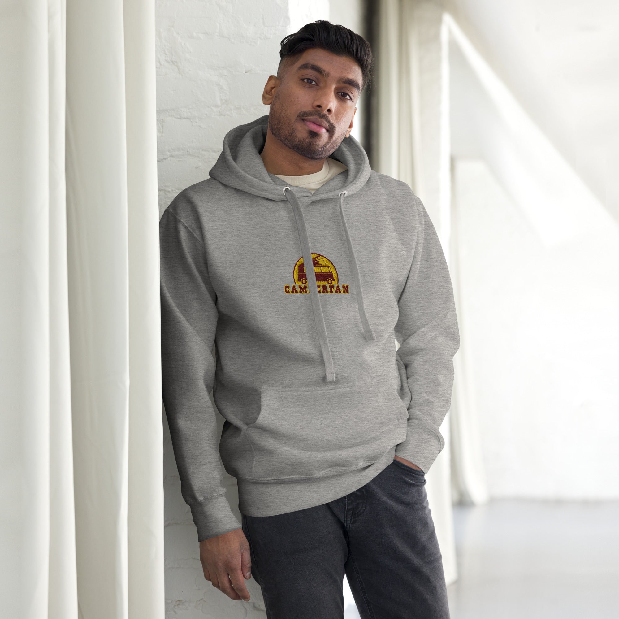 Unisex Cotton Hoodie Camperfan marroon/yellow embroidered pattern