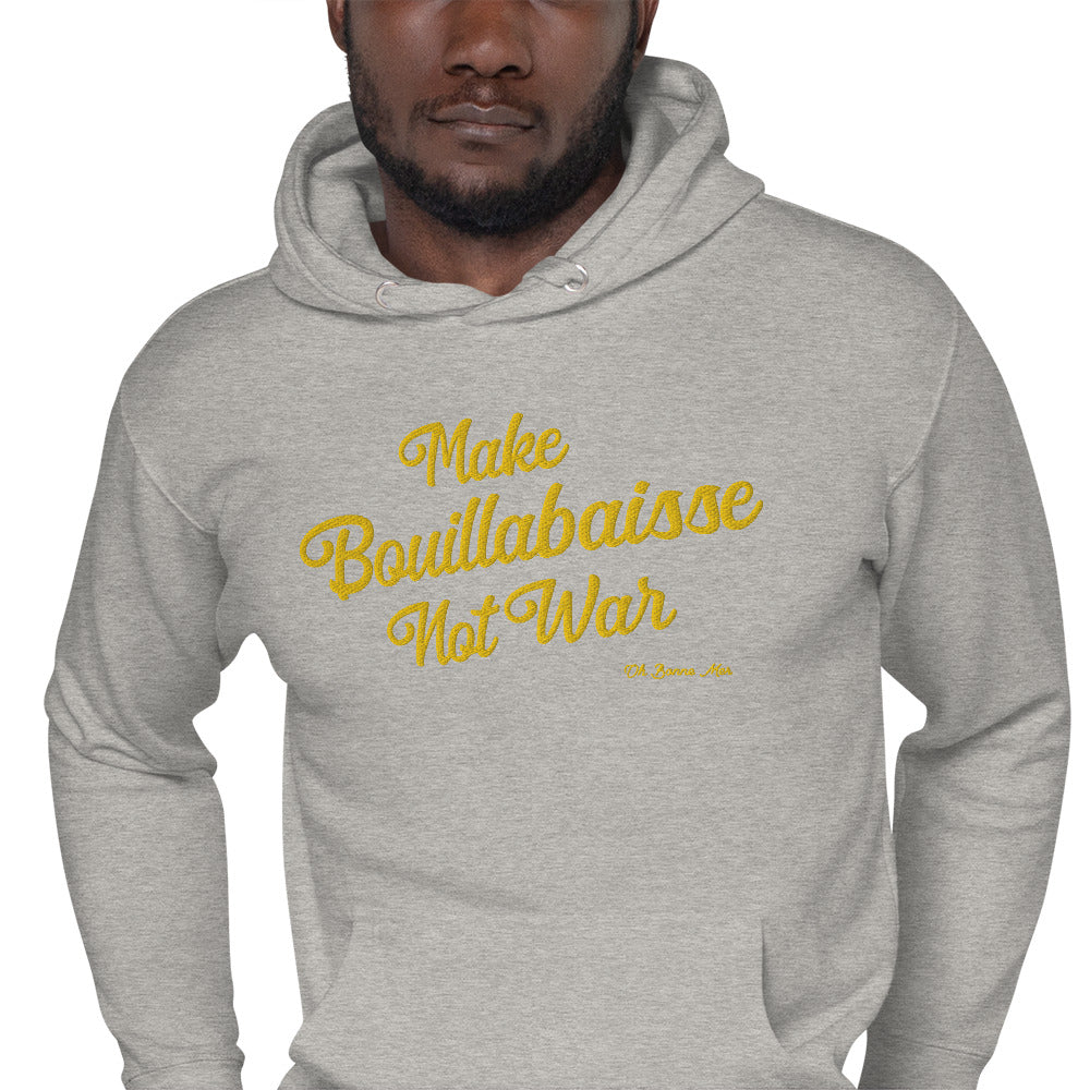 Sweat à capuche unisexe en coton Make Bouillabaisse Not War doré grand motif brodé sur couleurs claires