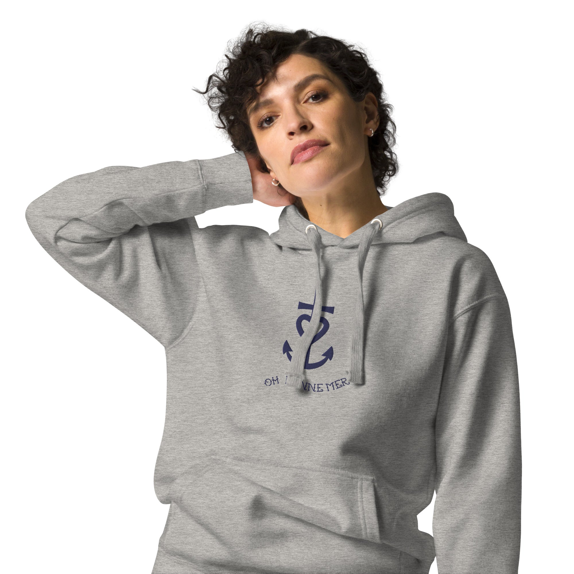 Unisex Cotton Hoodie Croix de Camargue Oh Bonne mer large navy embroidered pattern on light colors