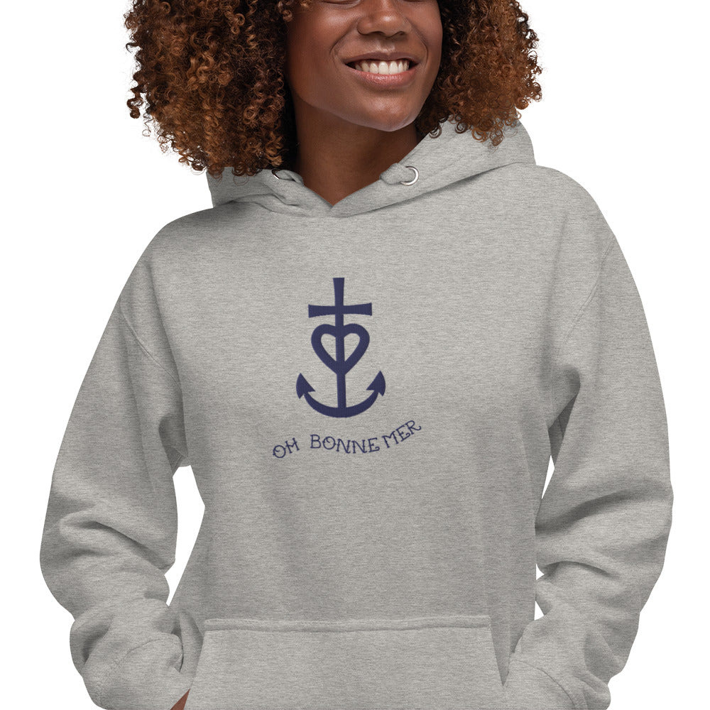 Unisex Cotton Hoodie Croix de Camargue Oh Bonne mer large navy embroidered pattern on light colors