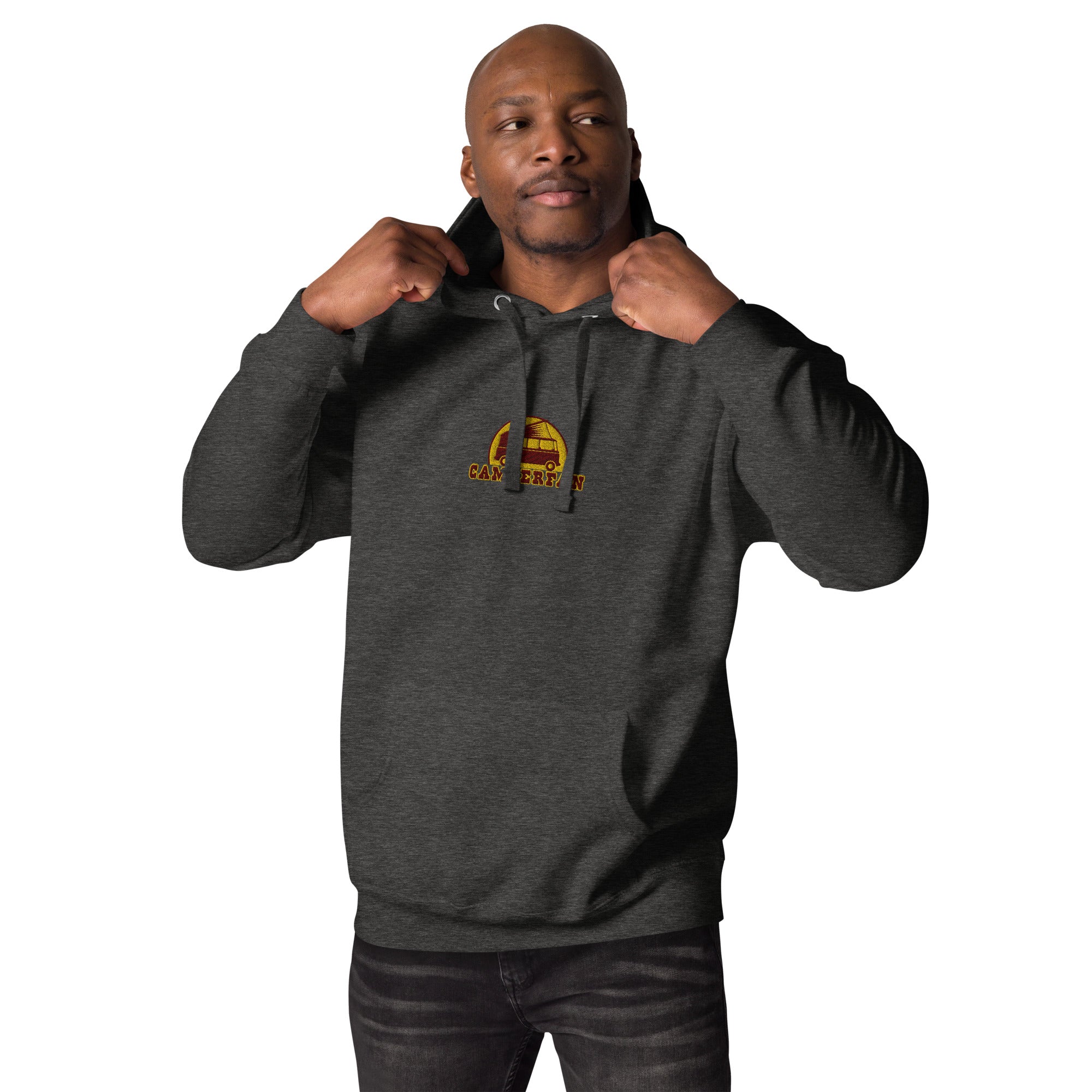 Unisex Cotton Hoodie Camperfan marroon/yellow embroidered pattern