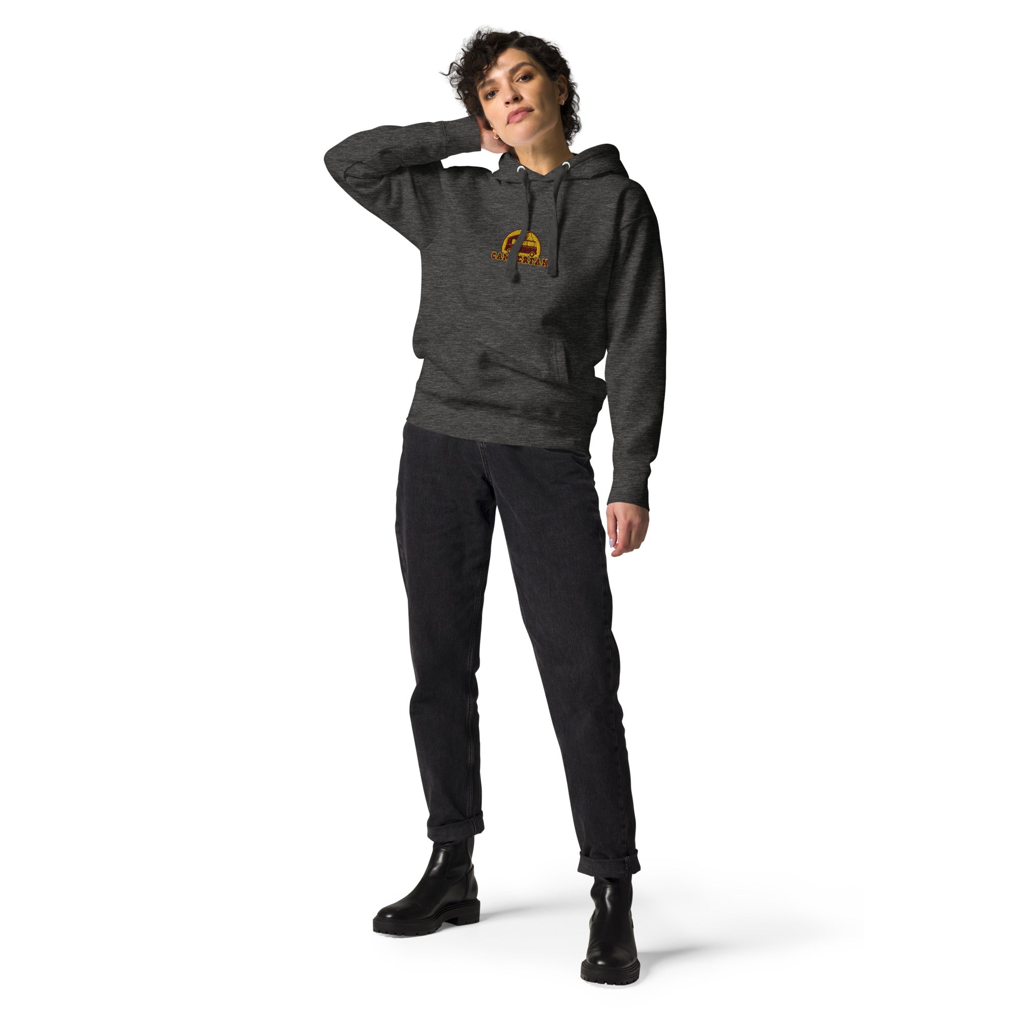 Unisex Cotton Hoodie Camperfan marroon/yellow embroidered pattern