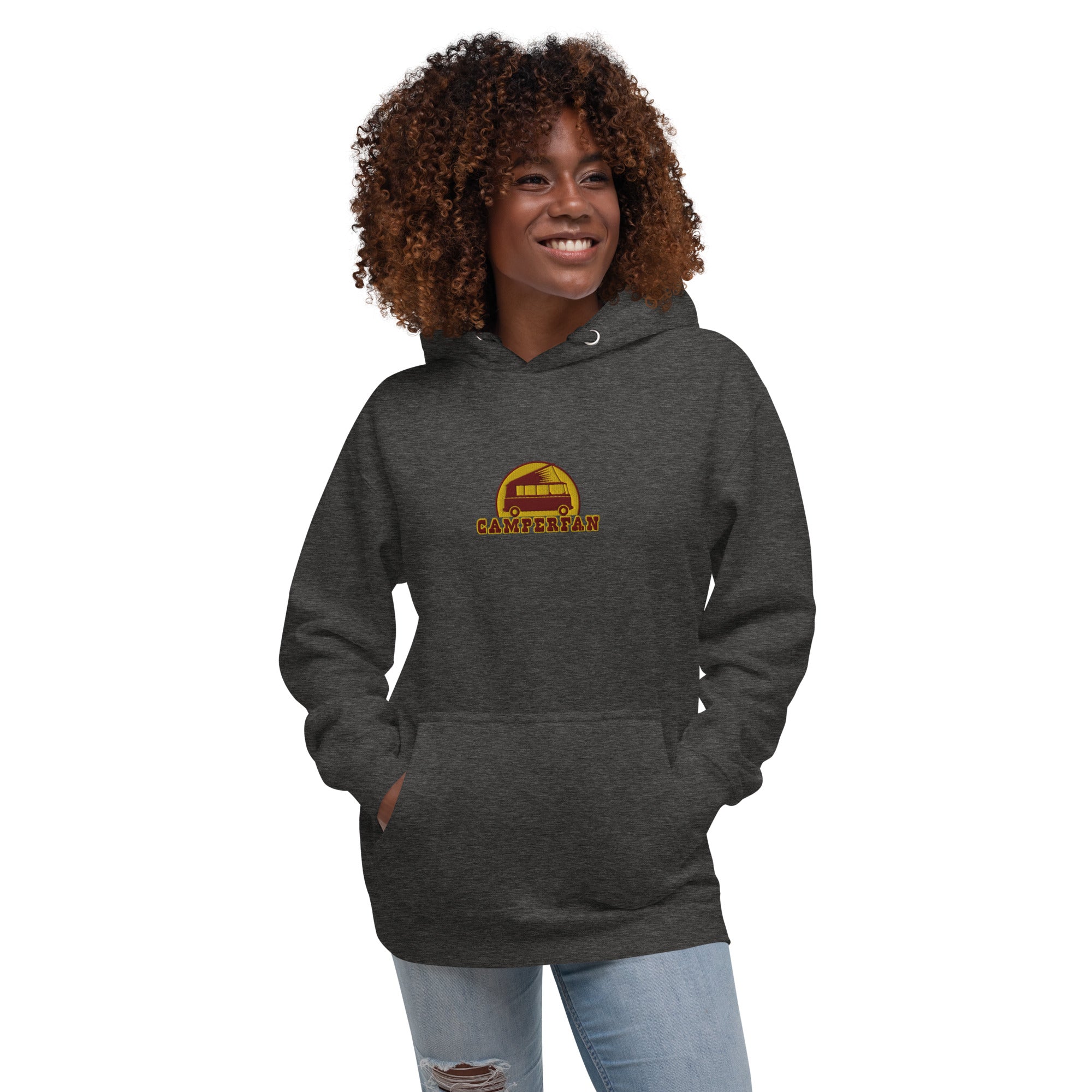 Unisex Cotton Hoodie Camperfan marroon/yellow embroidered pattern