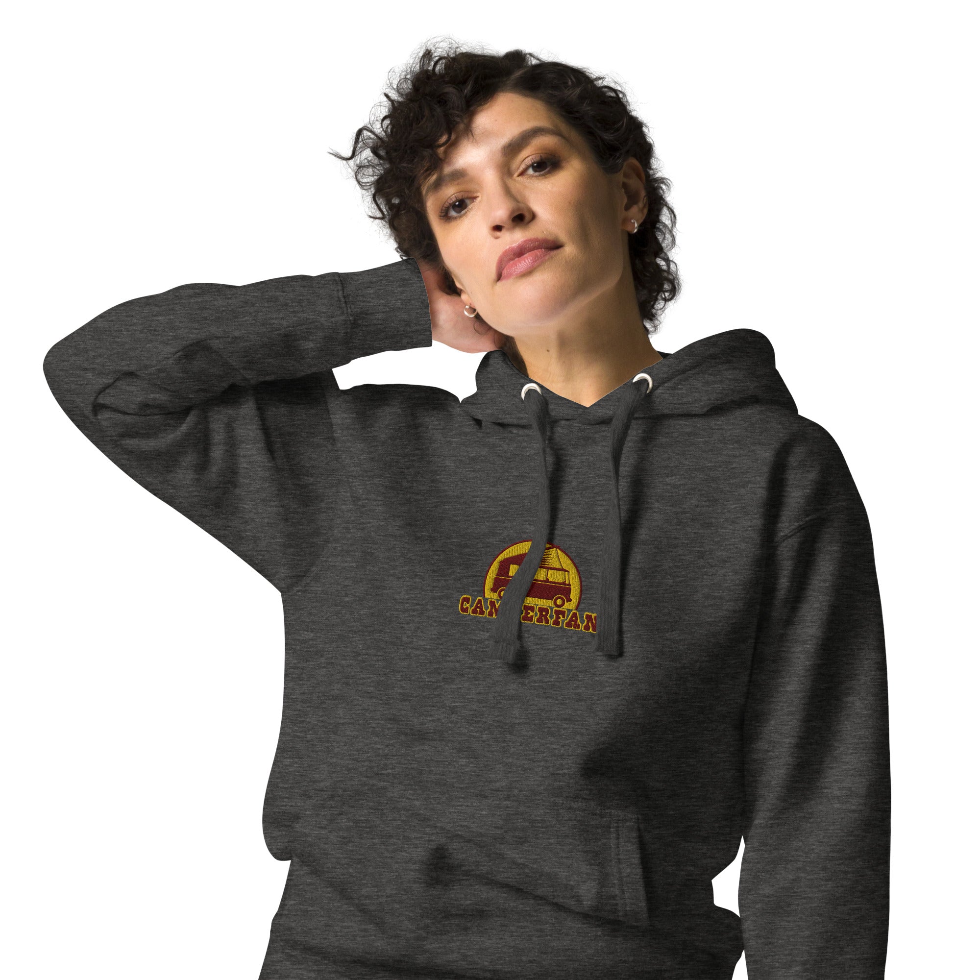 Unisex Cotton Hoodie Camperfan marroon/yellow embroidered pattern