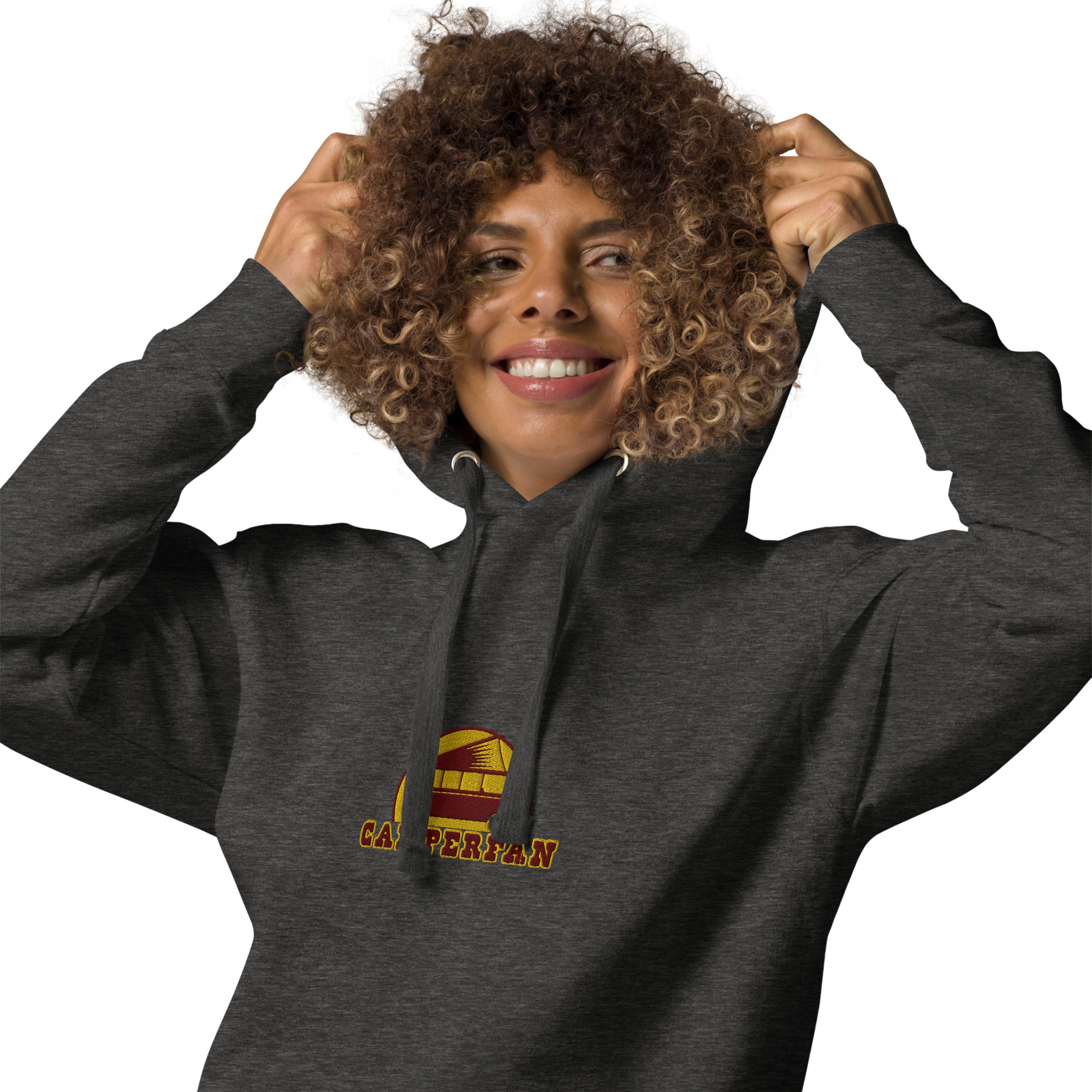 Unisex Cotton Hoodie Camperfan marroon/yellow embroidered pattern