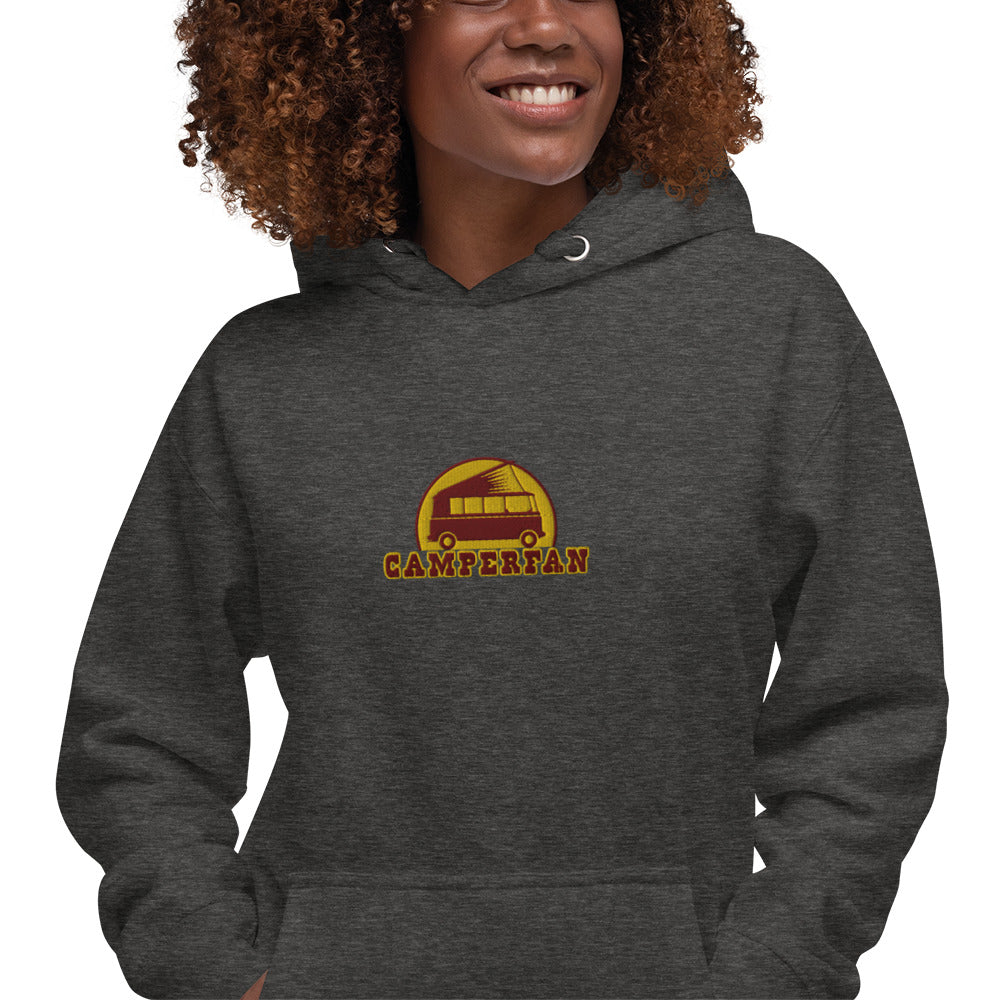 Unisex Cotton Hoodie Camperfan marroon/yellow embroidered pattern