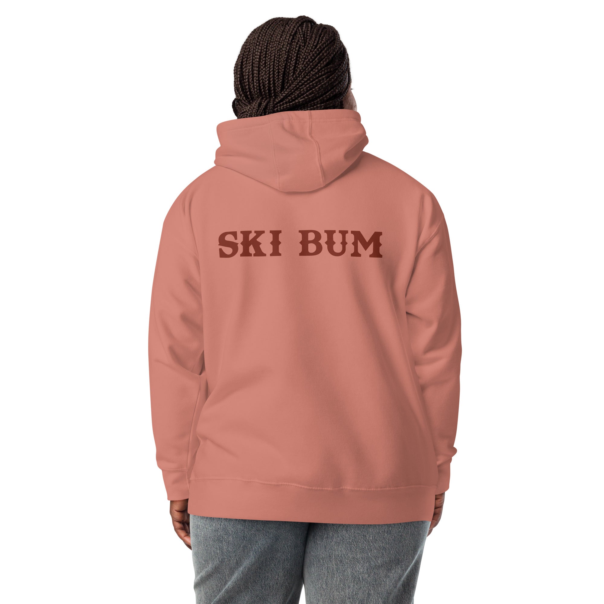 Sweat à capuche unisexe en coton Ski Bum texte foncé (face & dos)